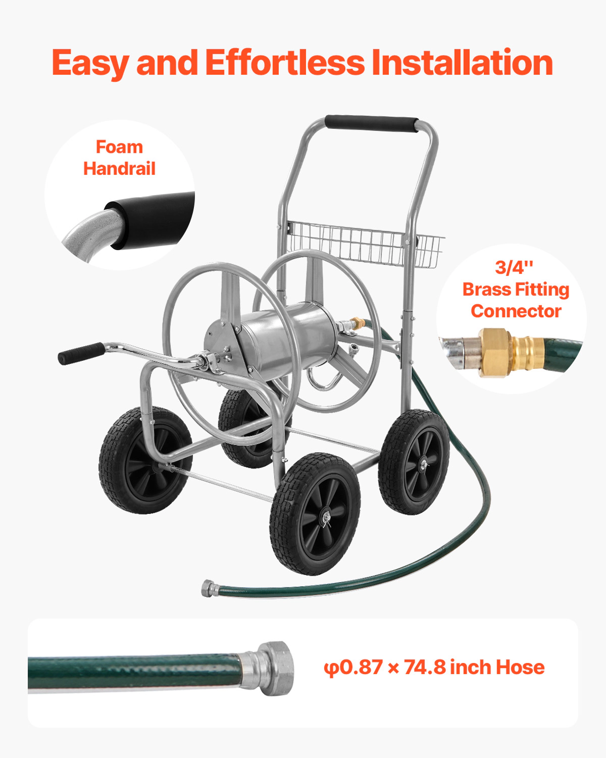 HONGGE Garden Hose Reel Cart, Holds Up to 250 ft of 5/8 in Hose, 4-Wheel Steel Cart with Storage Basket