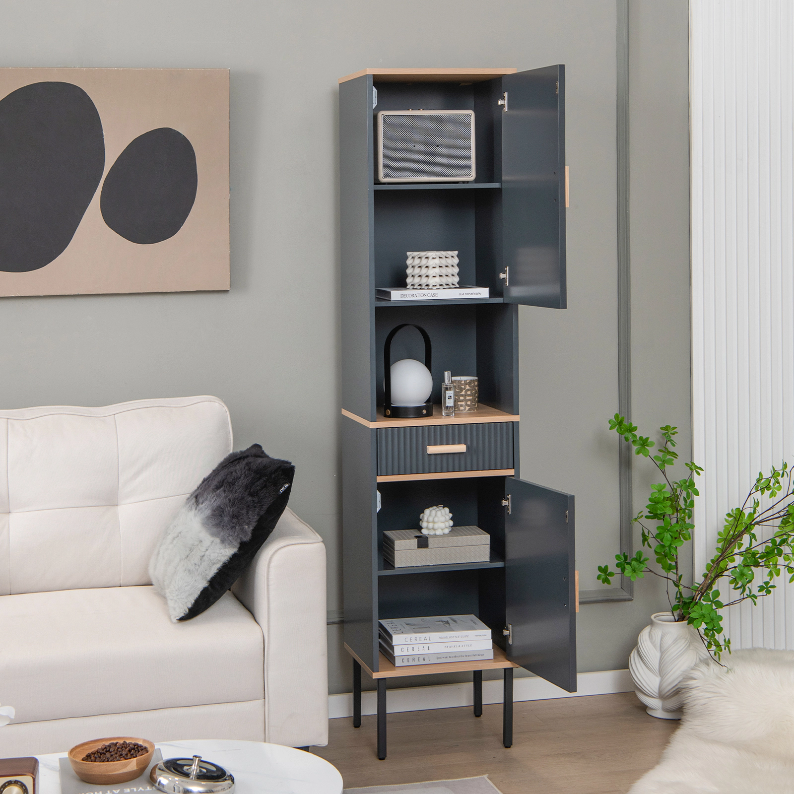 Slickblue Tall Slim Bathroom Storage Cabinet Gray MDF Metal Legs Drawer Adjustable Shelves
