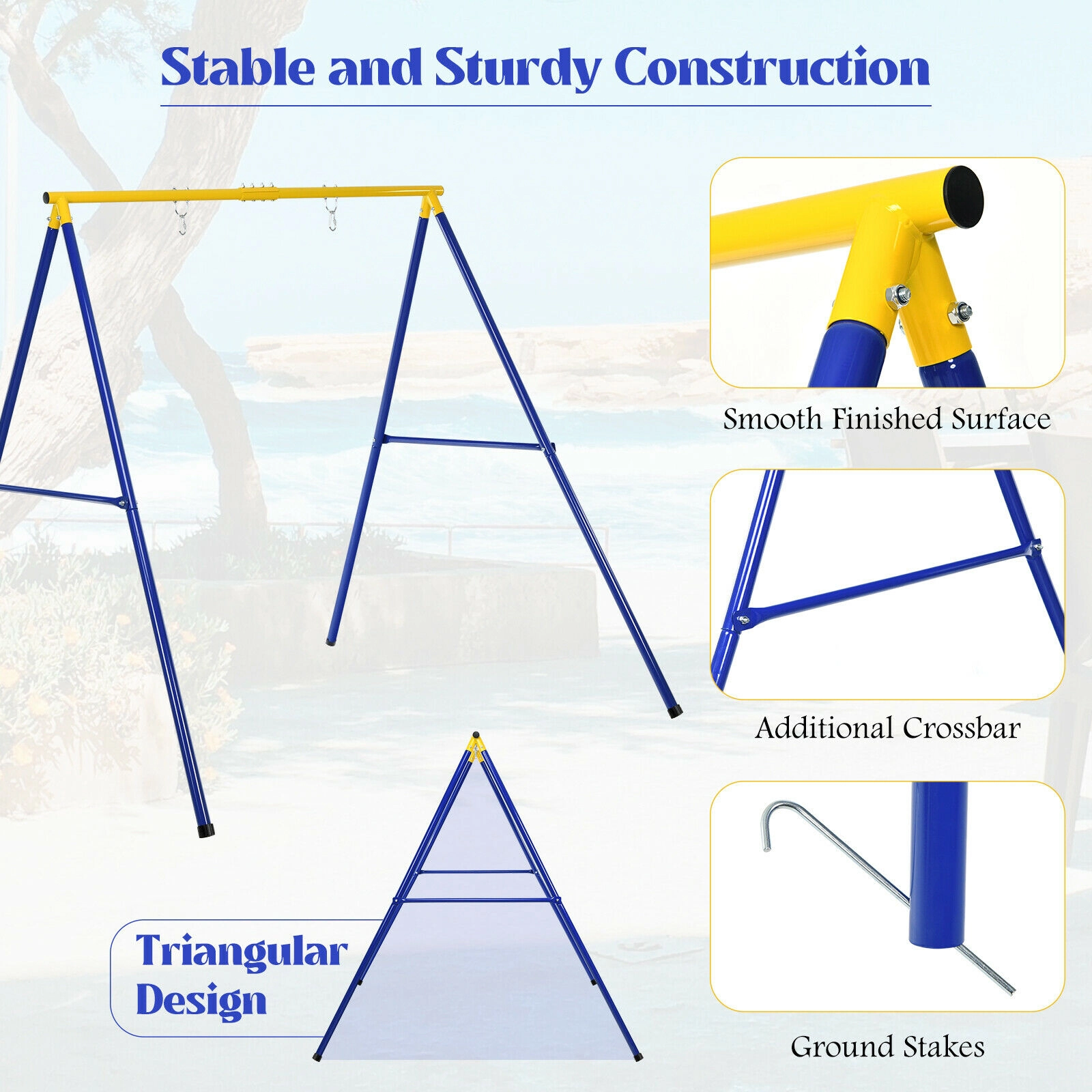 SUGIFT Kids Blue Outdoor A-Frame Metal Swing Stand with 4 Ground Stakes 77-in W 72-in D 73-in H 550-lb Frame Capacity