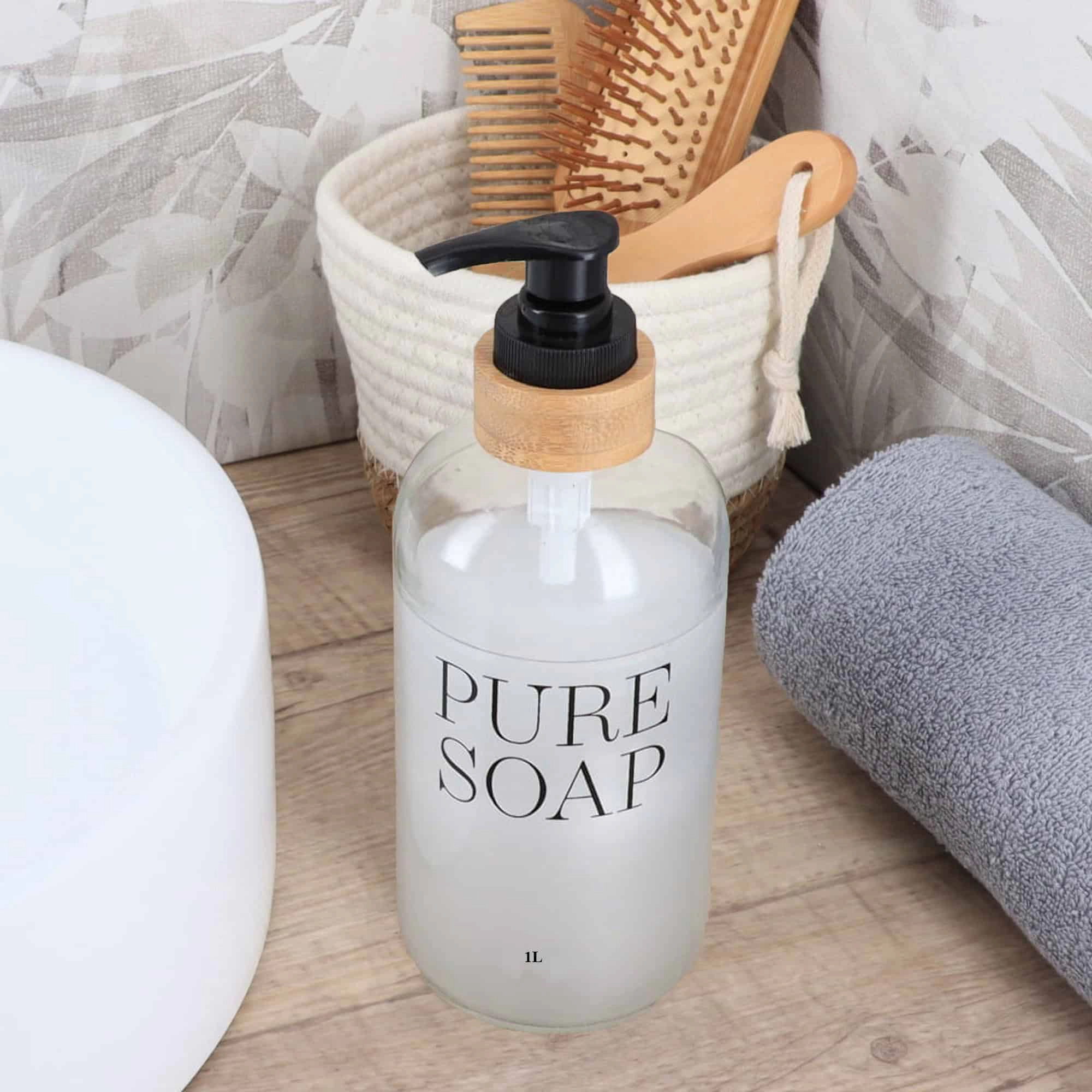 Evideco French Home Goods 34 fl oz Clear Glass Soap Dispenser with Bamboo Collar
