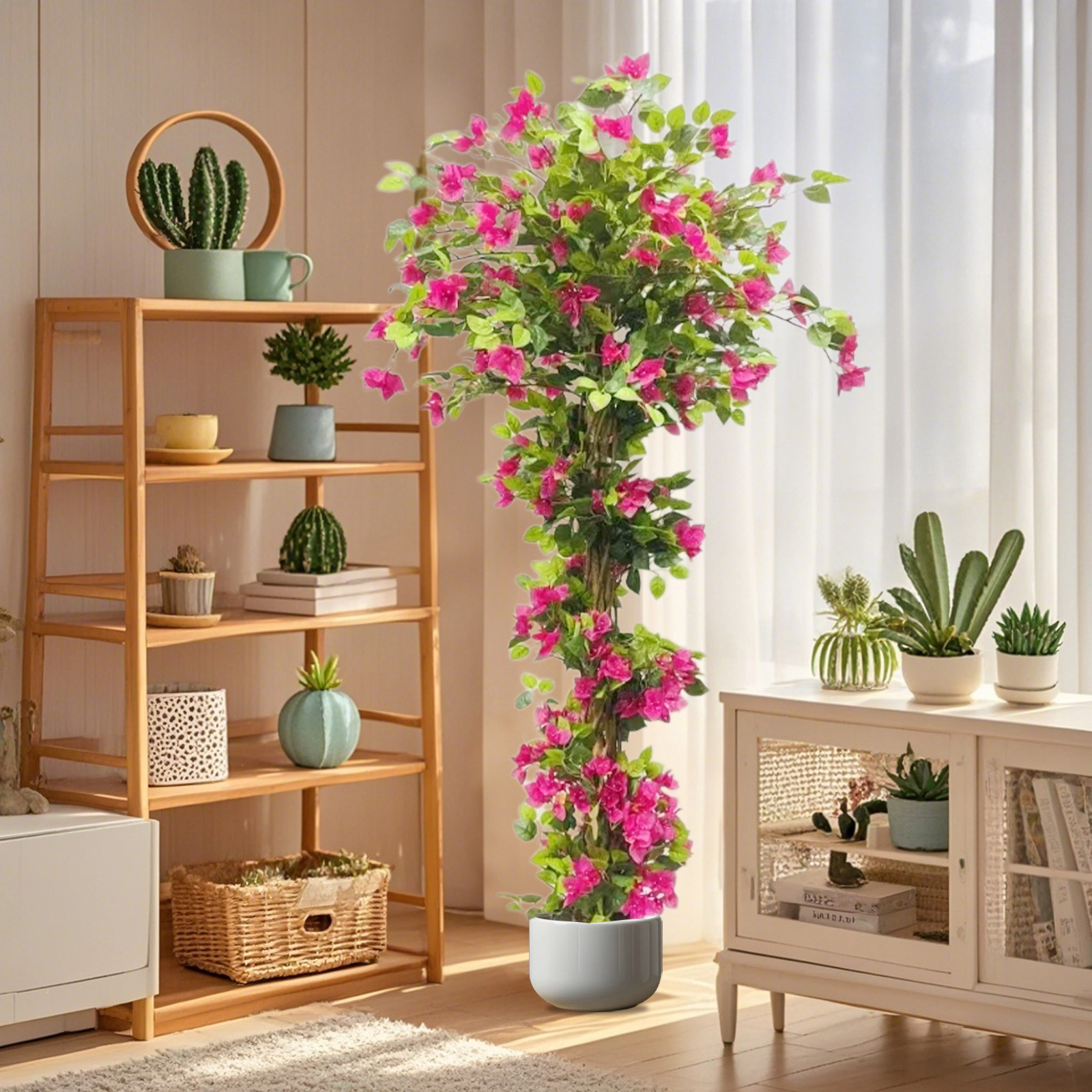 73in Artificial Bougainvillea Tree with Flowers, Realistic Faux Blooming Tree in Pot, Silk Flower Fake Plant
