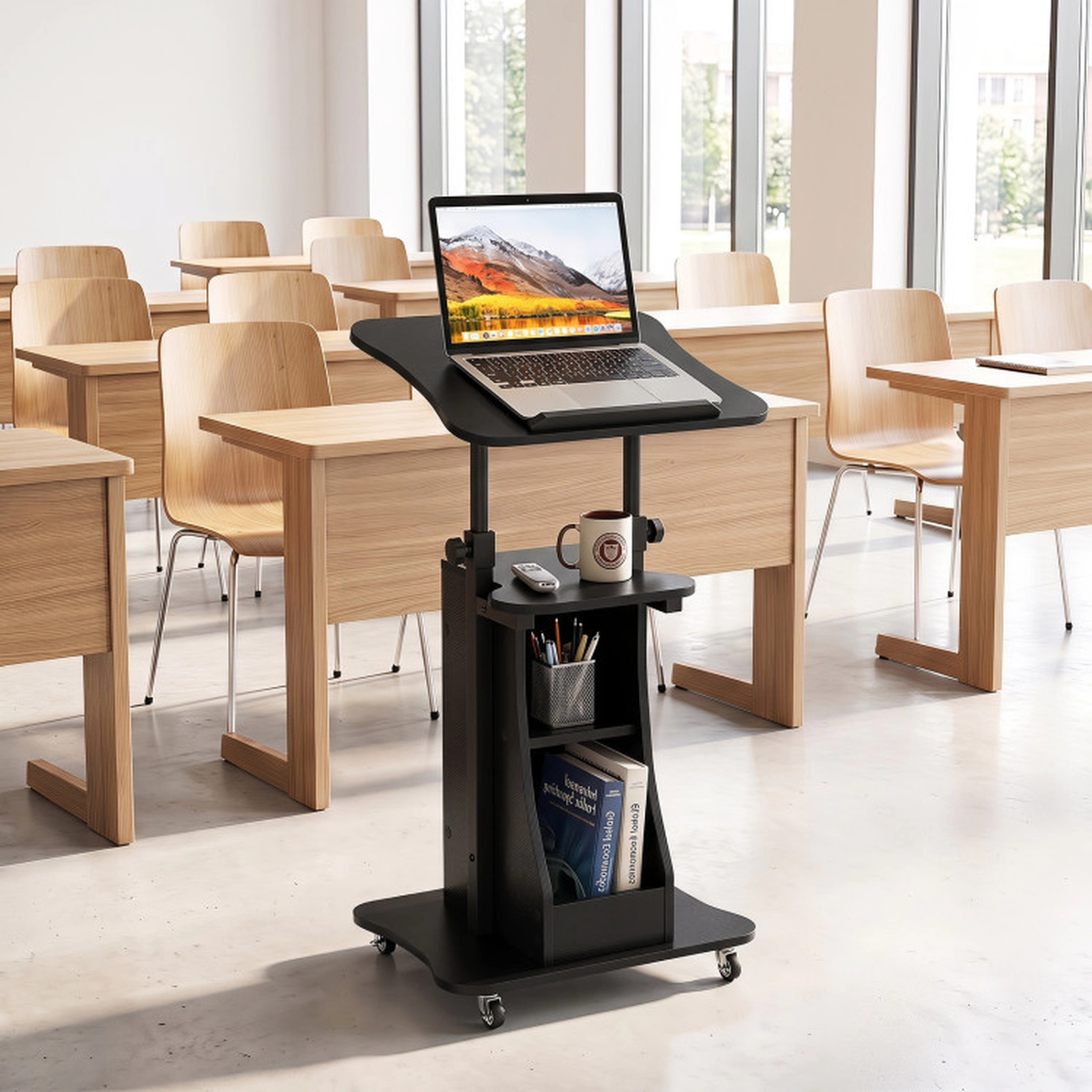SUGIFT 200-lb Capacity 28.5-in to 44-in Sit-to-Stand Rolling Laptop Desk Cart with Tilting Top and Shelves