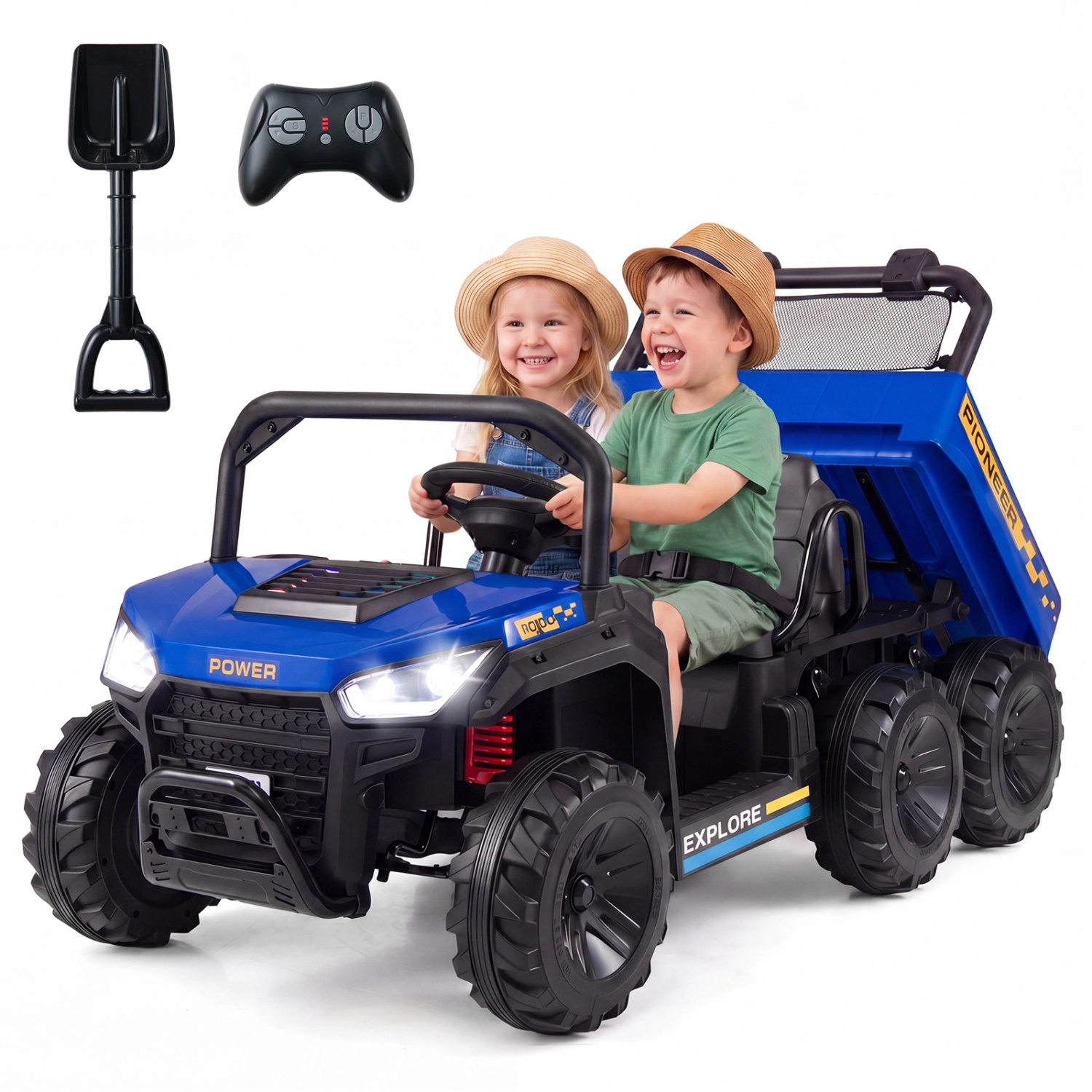 LJG 24V 2-Seater Kids Ride on Dump Truck 4WD with Electric Bed and Lights