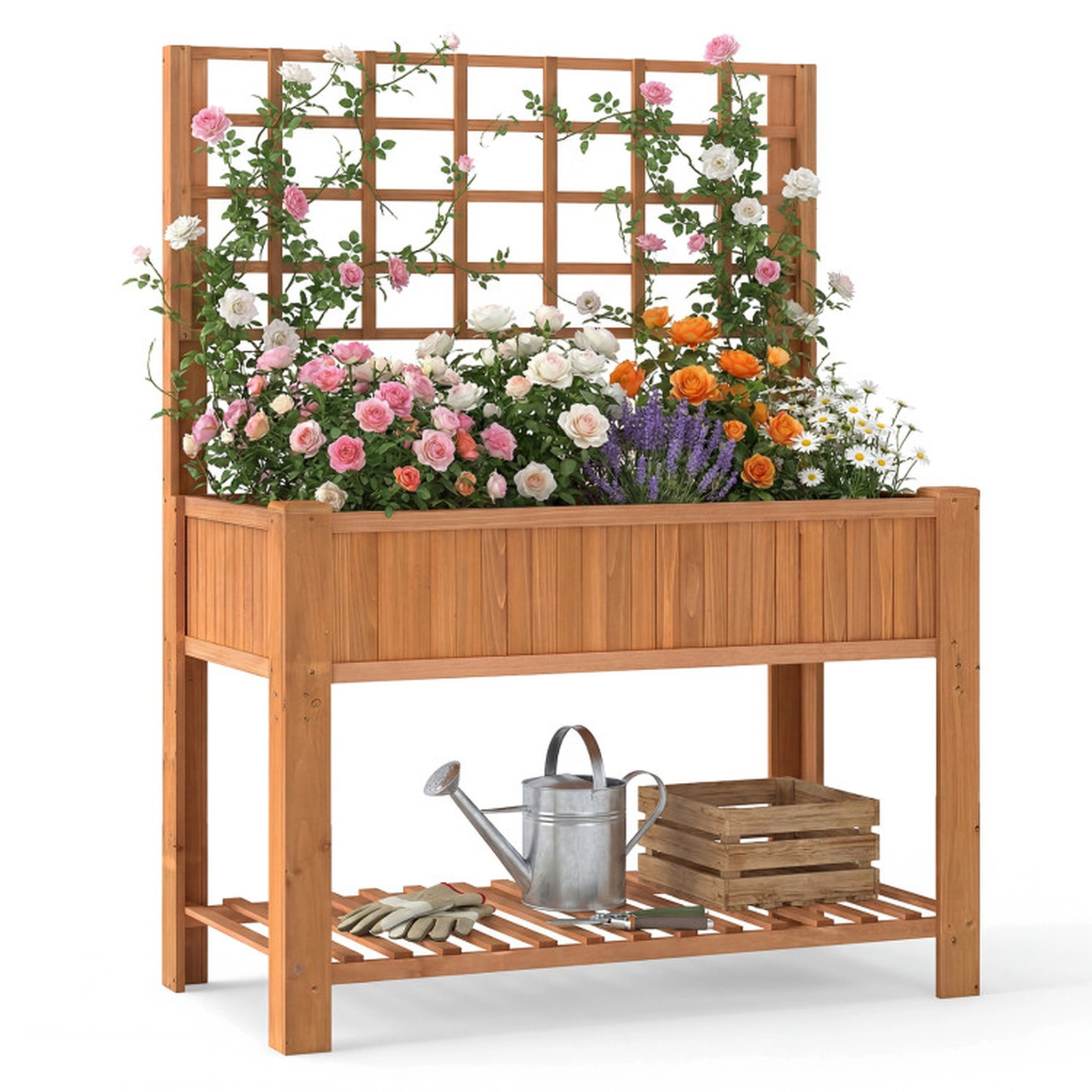 SUGIFT 59-in 110-lb Capacity Fir Wood Raised Garden Bed with Climbing Trellis Storage Shelf and L-Shaped Legs