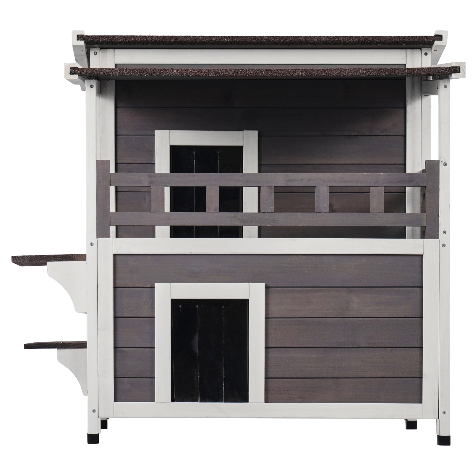 HONGGE 2-Story Wooden Outdoor Cat House, 30 x 30 x 32 in Weatherproof Feral Cat Shelter with Balcony and Open Roof