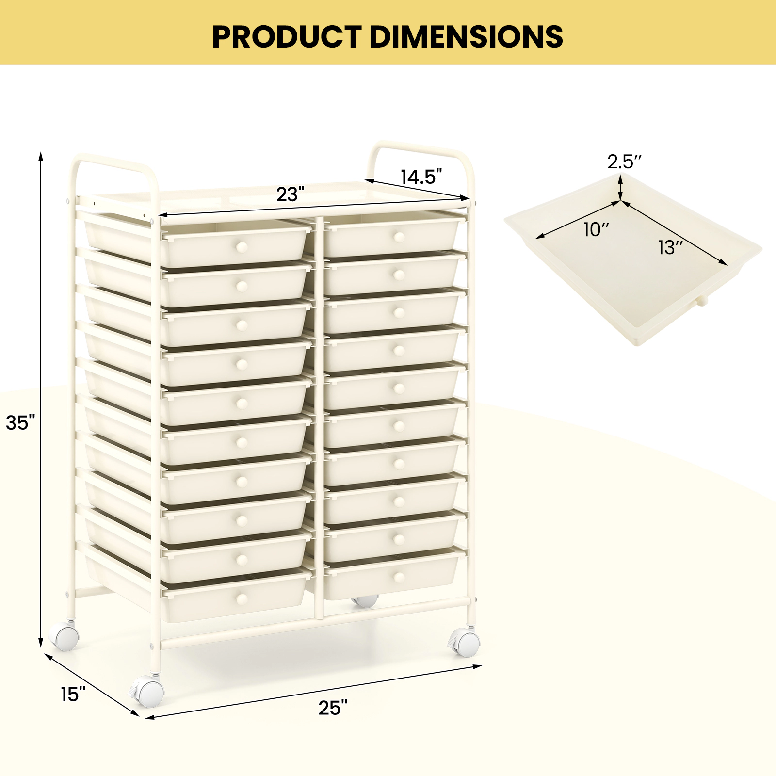 SUGIFT Beige 20-Drawer Rolling Storage Cart Studio Organizer with Locking Wheels and Open Top Shelf