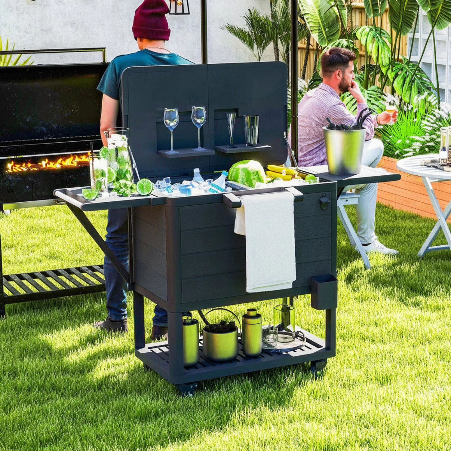 HONGGE 104 Quart Large Capacity Outdoor Cooler Cart Patio Rolling Ice Chest with Bottle Opener Shelves Wheels