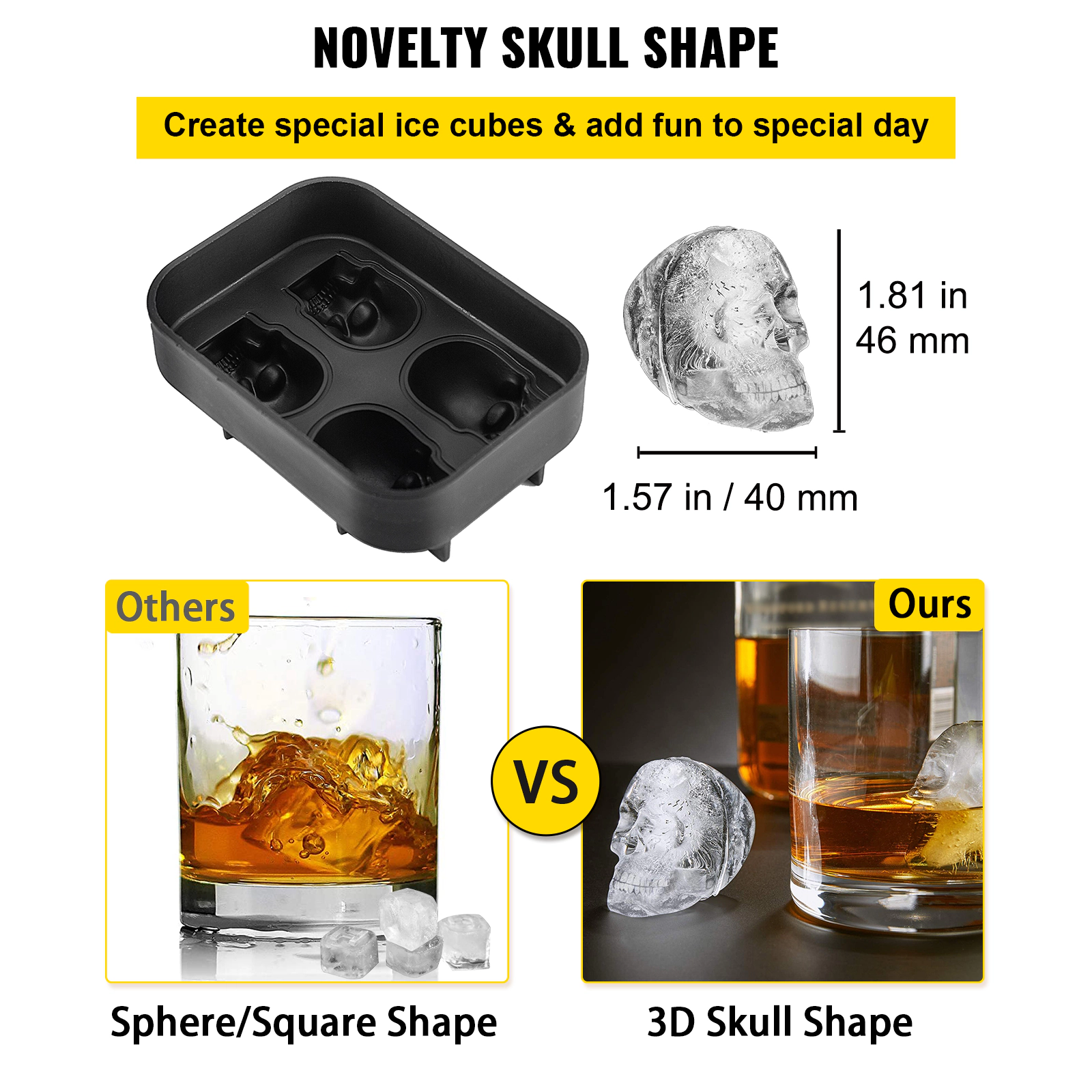 HONGGE Skull Ice Cube Tray, Skull Ice Ball Maker, Flexible Black Silicone Ice Tray with Lid & Funnel