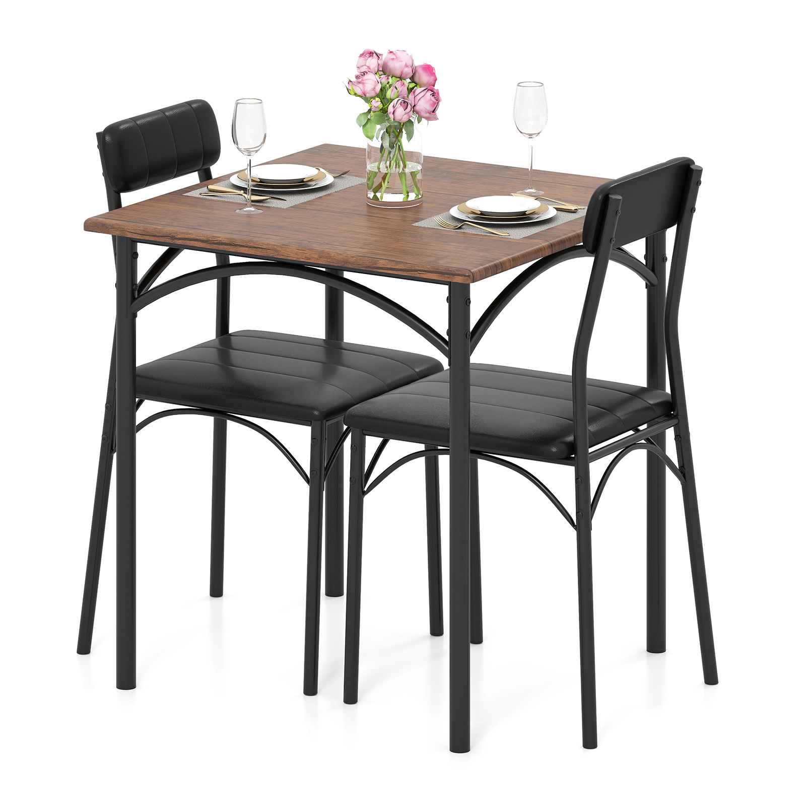 SUGIFT 3-Piece Rustic Brown Dining Set, 29-Inch Square Table and 2 PU Leather Chairs