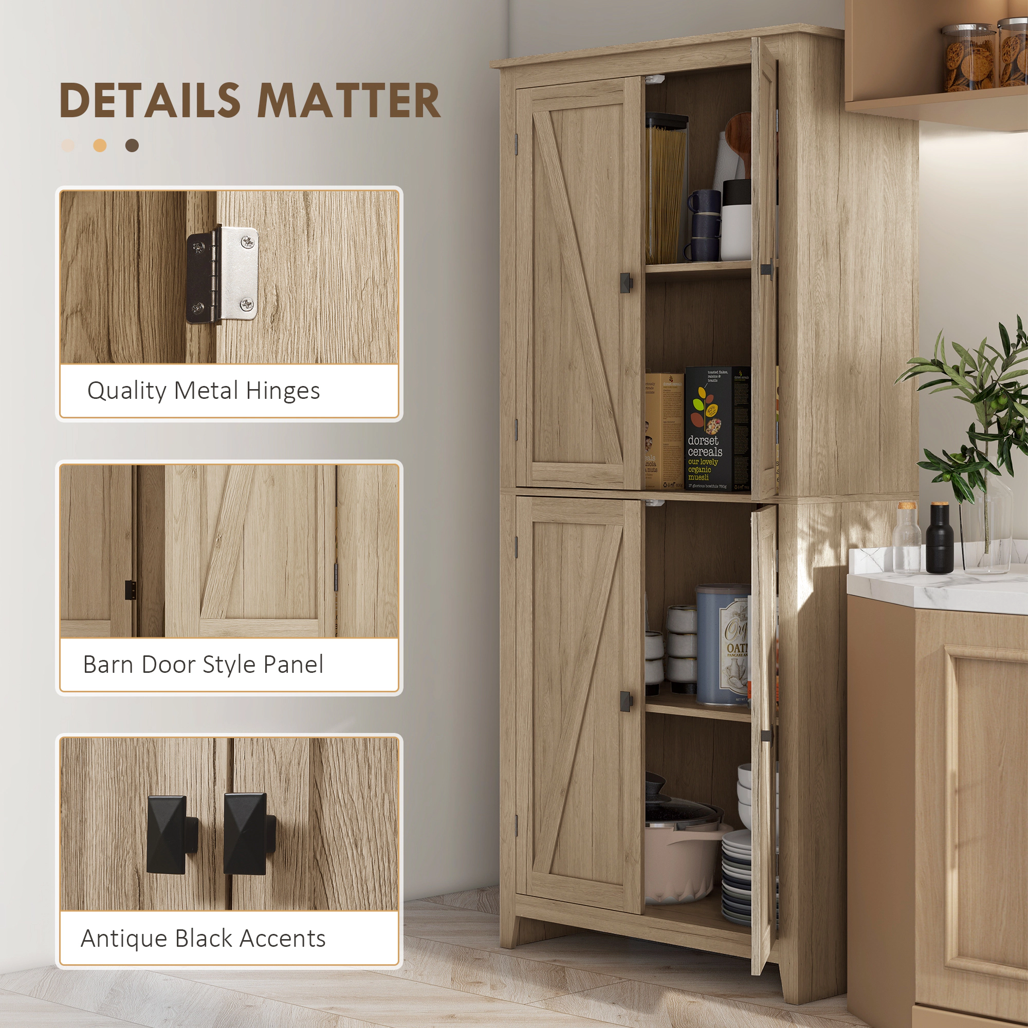 Tinyhomie 72 inch Freestanding Kitchen Pantry Cabinet with 4 Door and Adjustable Shelves