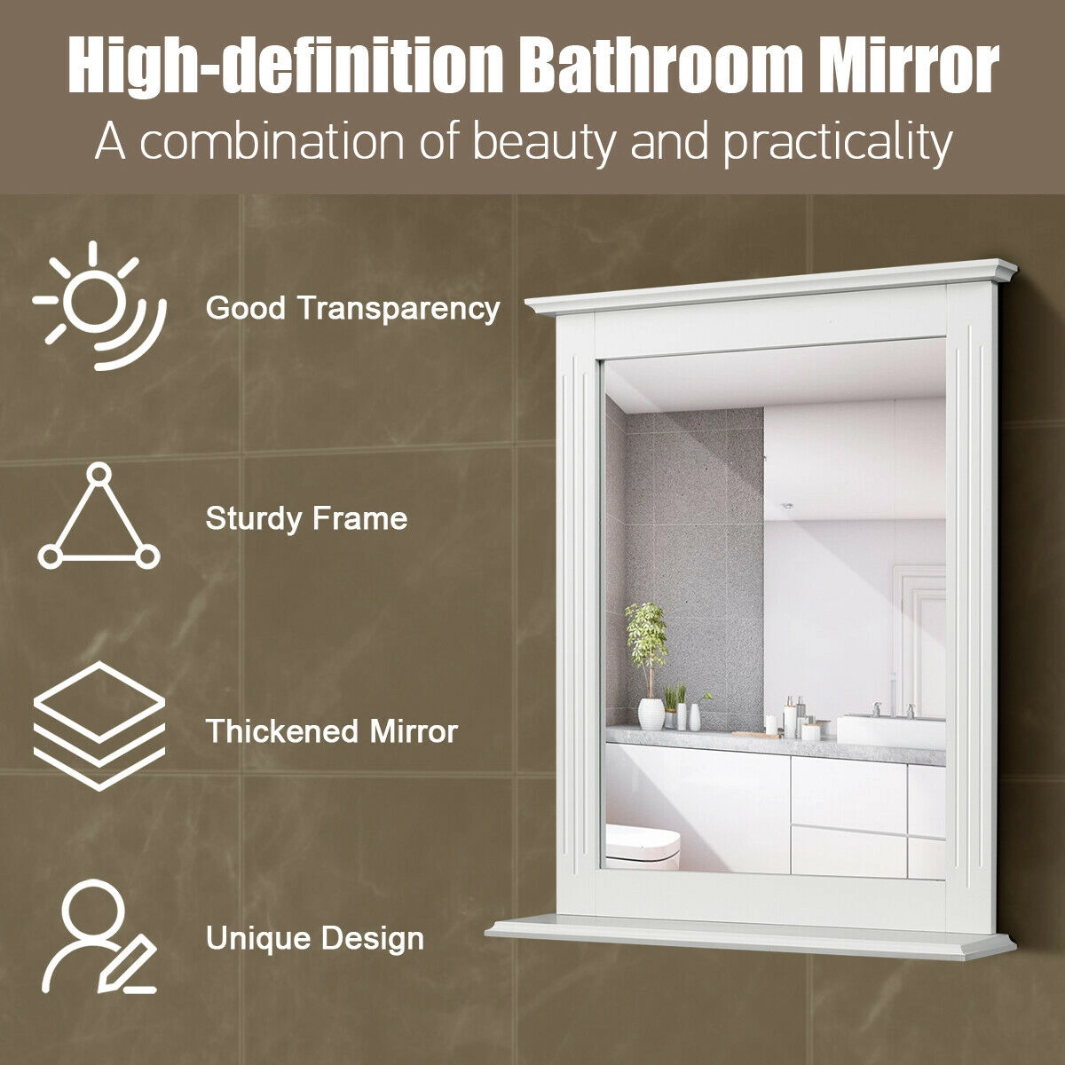 SUGIFT Wall-Mounted Multipurpose Vanity Mirror with Storage Shelf 27-in Tall Brown/Gray
