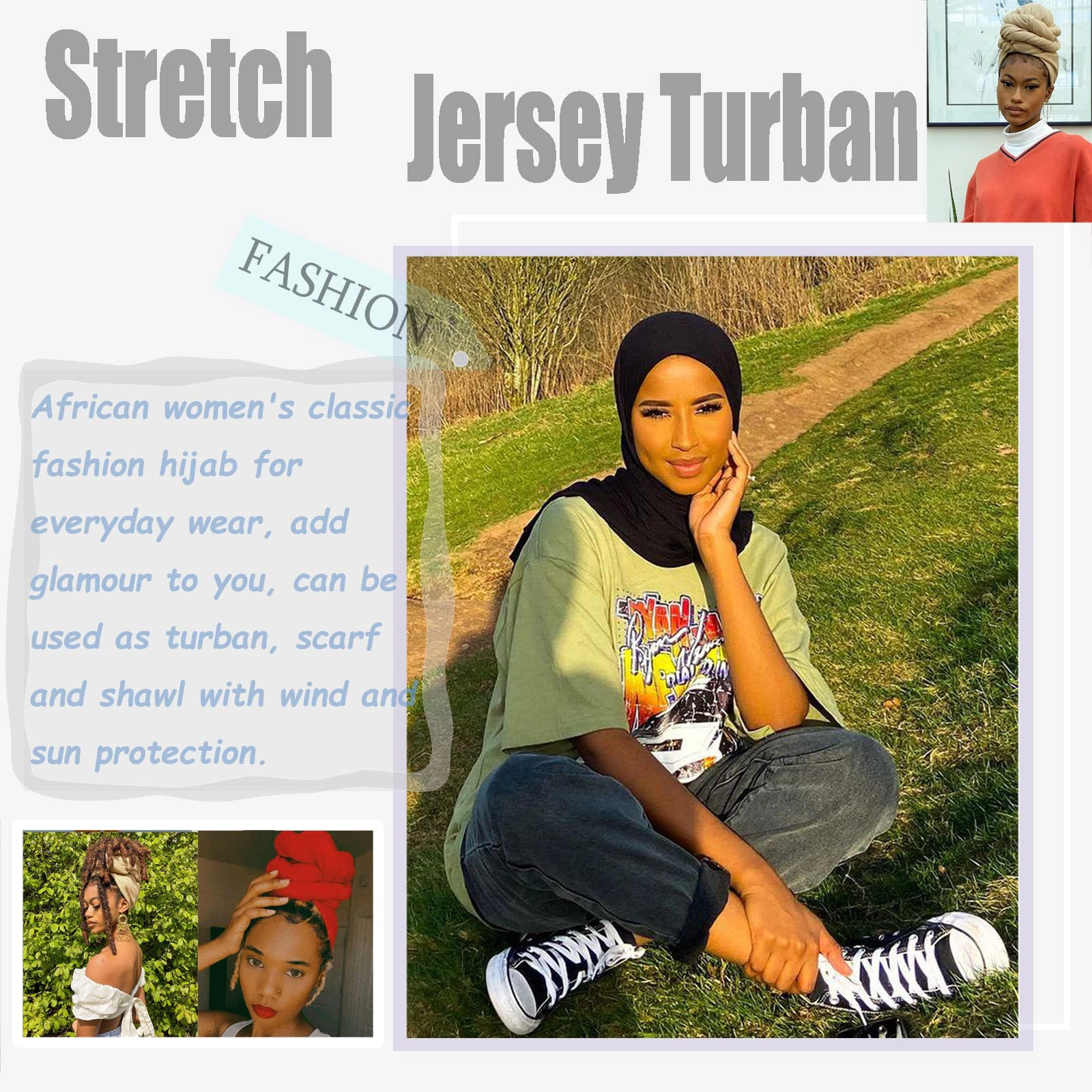 5 Pcs Stretch Jersey Turban Headwrap for Women, Boho Extra Long Soft Breathable Easy Knot Hijab Tie