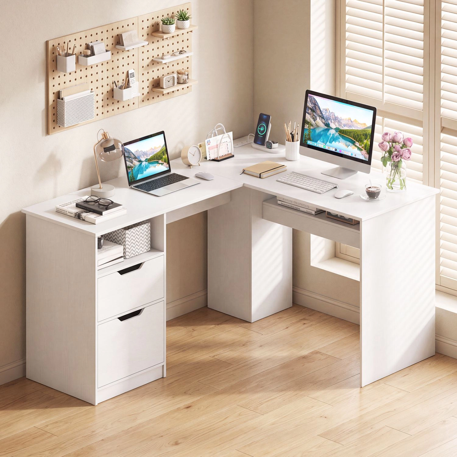 SlickBlue 59" L-Shaped Computer Desk with Drawers and Charging Station