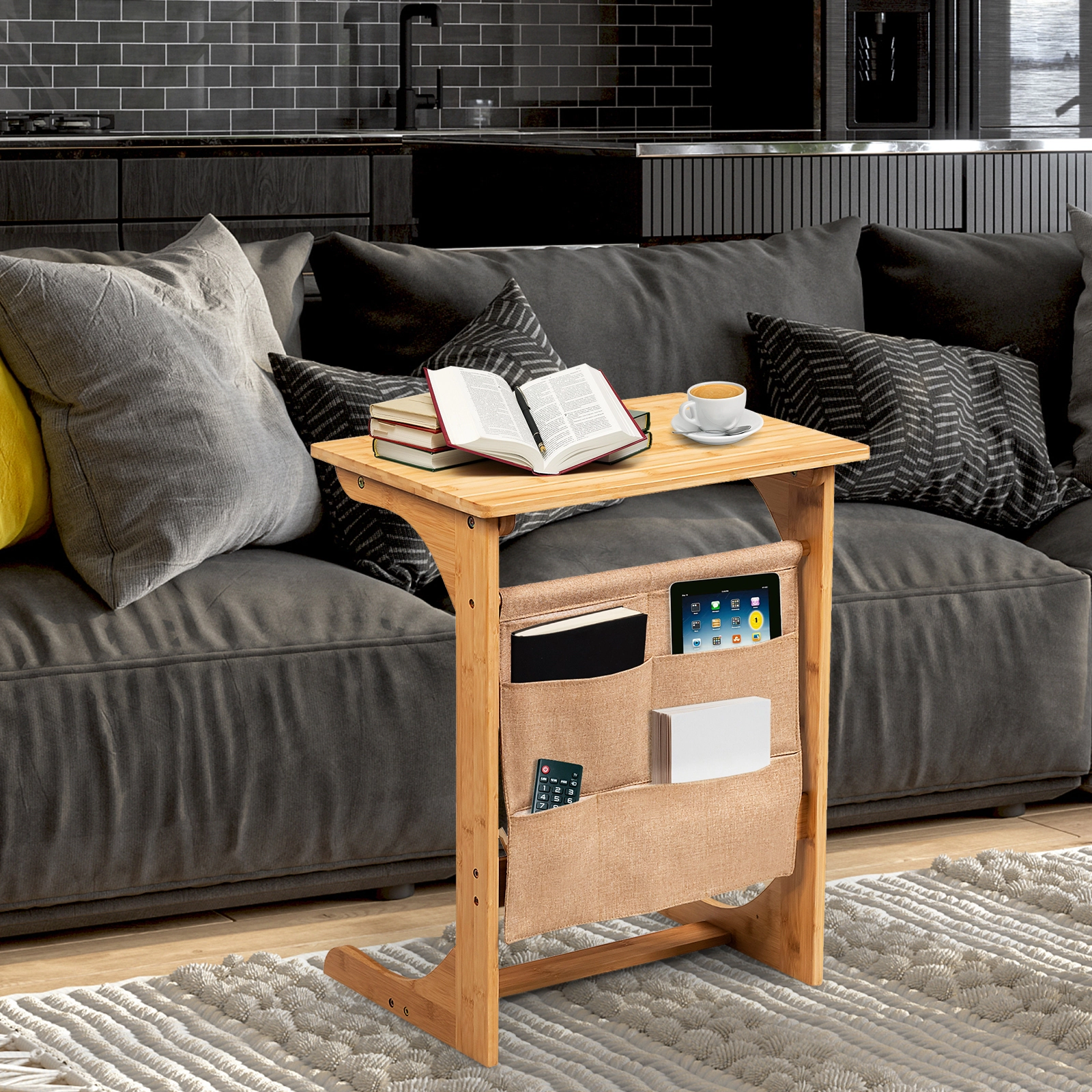 SUGIFT Bamboo Sofa Side Table Natural End Table with Fabric Storage Bag