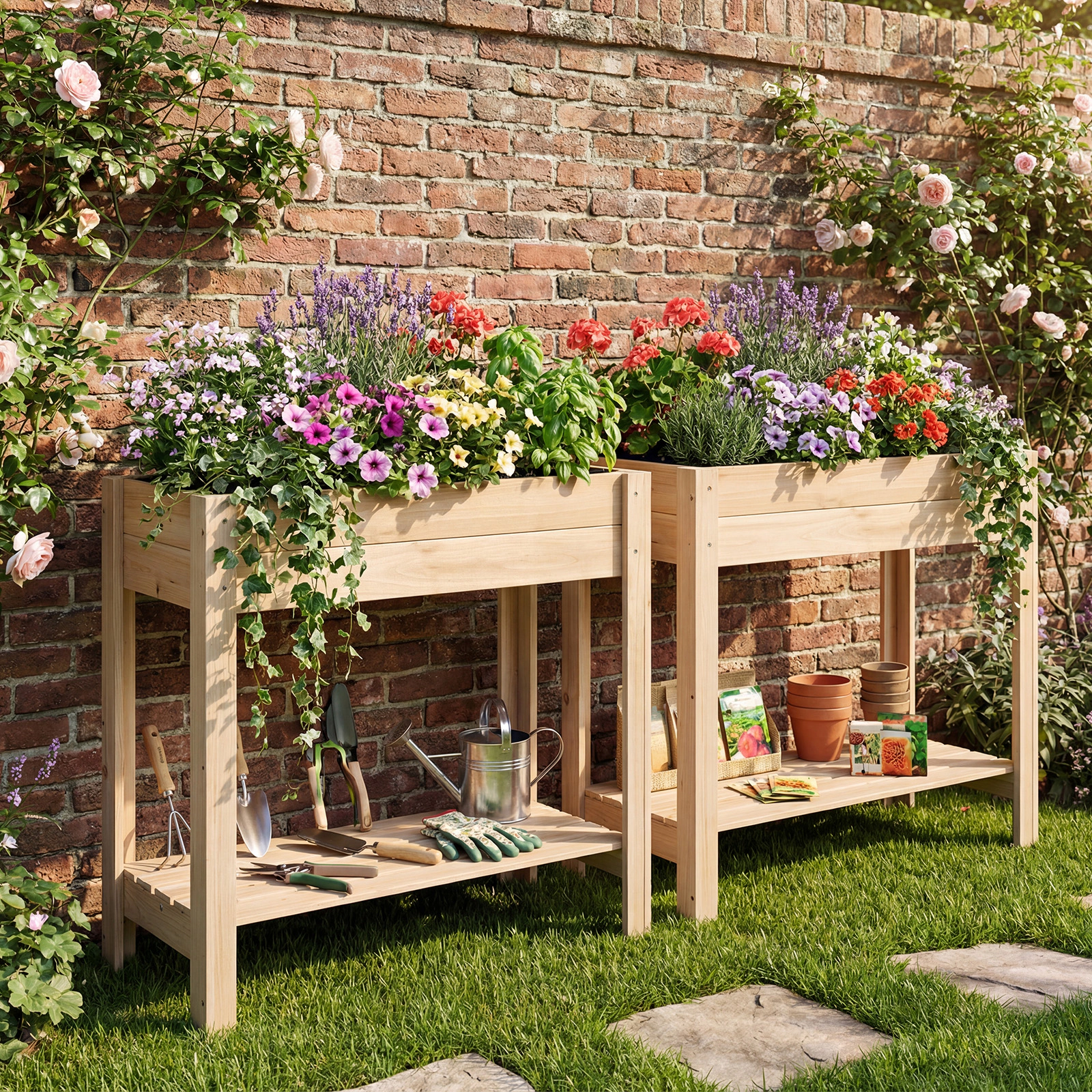 SUGIFT Waist-High Raised Garden Bed with Legs and Storage Shelf 66-lb Tier Capacity Natural