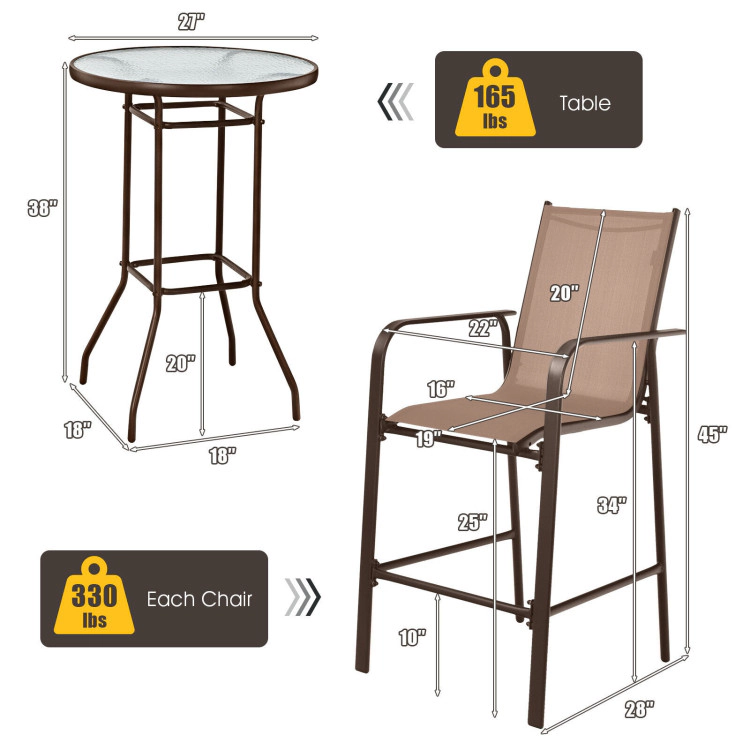 Hivvago 3 Pieces Outdoor Patio Bar Table Stool Set