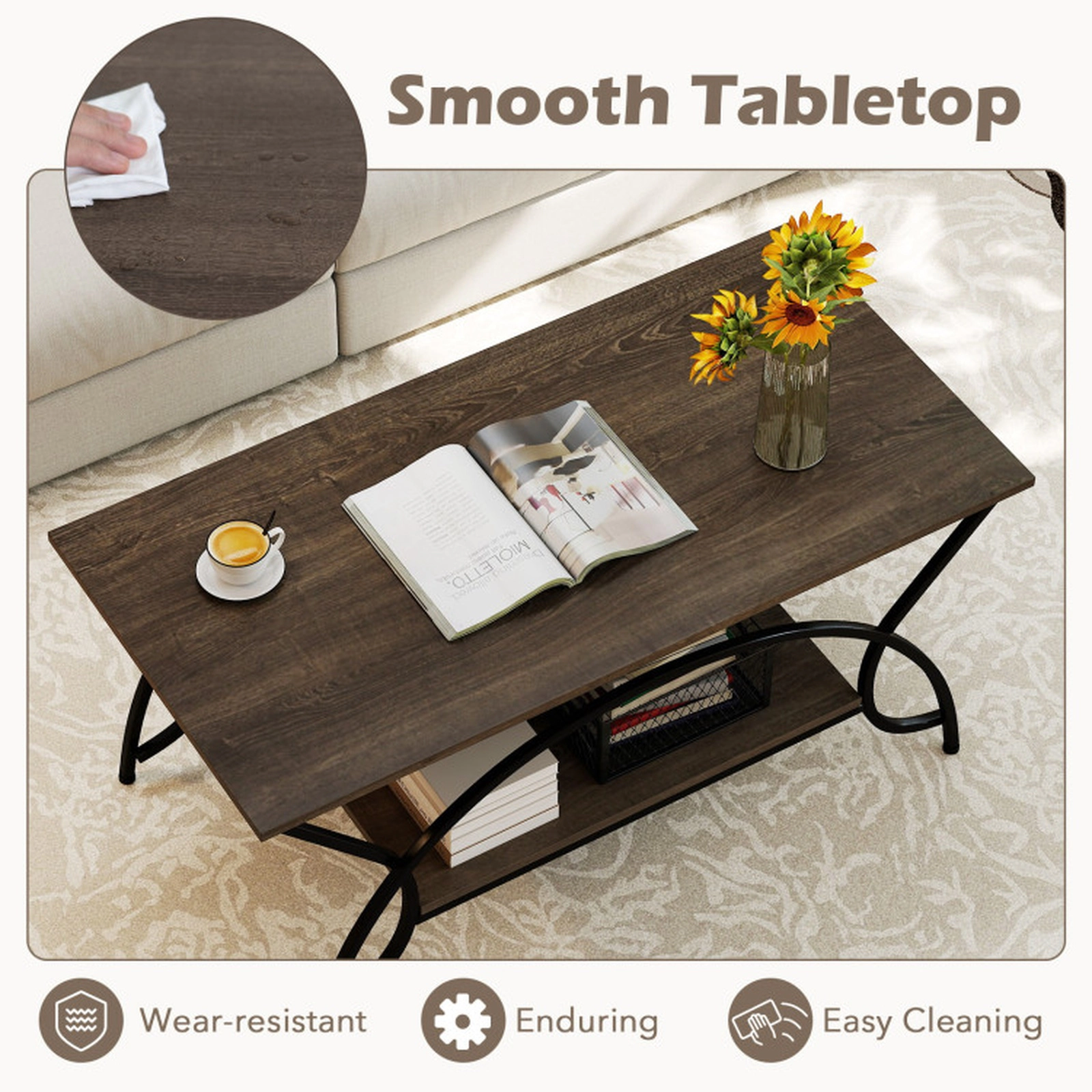 SUGIFT 2-Tier Wood Grain Top Arched Black Steel Frame Coffee Table 39.5-in x 19.5-in x 18-in 110-lb Capacity Oak