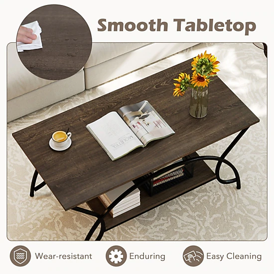 SUGIFT 2-Tier Wood Grain Top Arched Black Steel Frame Coffee Table 39.5-in x 19.5-in x 18-in 110-lb Capacity Oak