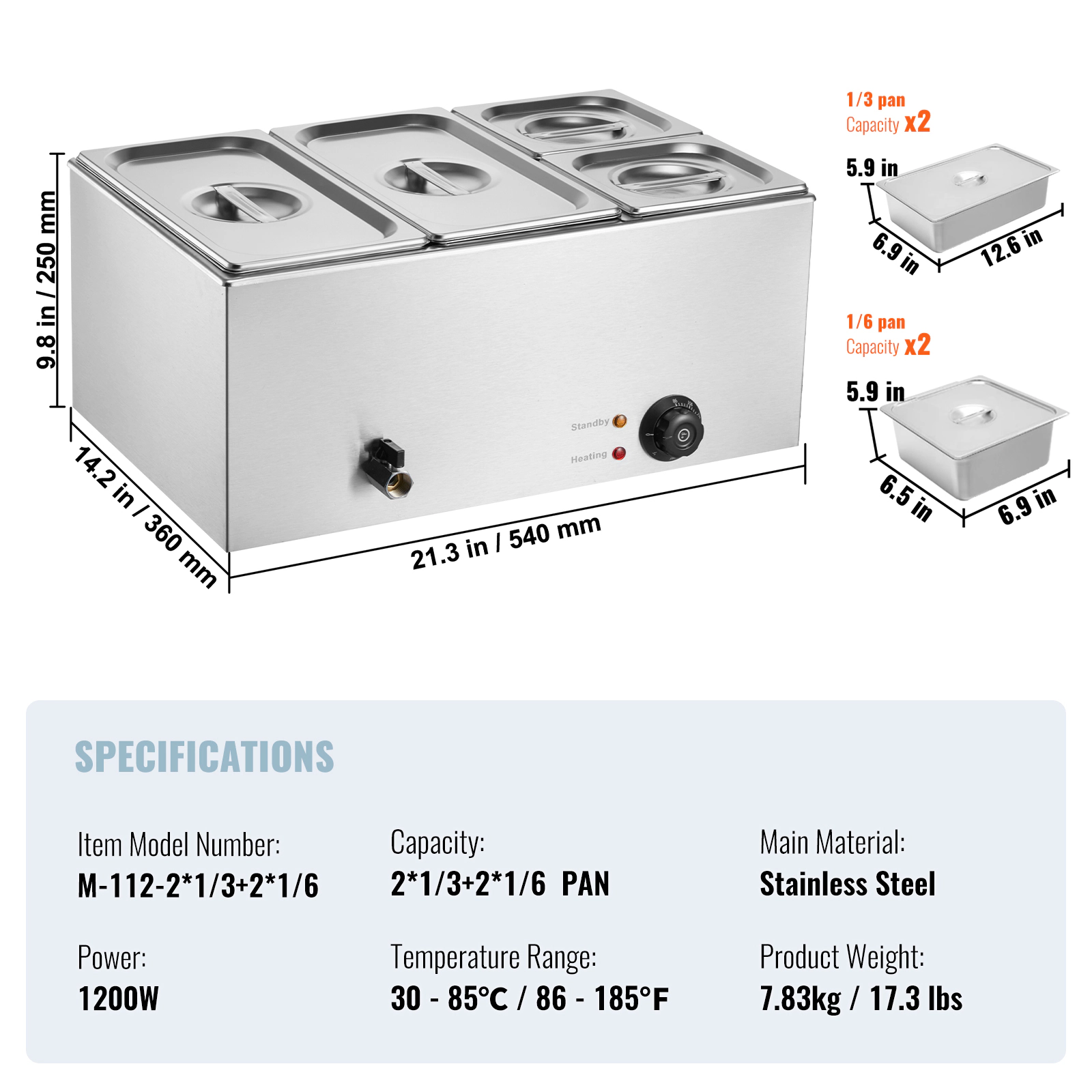 HONGGE 24QT Commercial Food Warmer Electric Steam Table 1200W Professional Countertop Stainless Steel Buffet Bain Marie