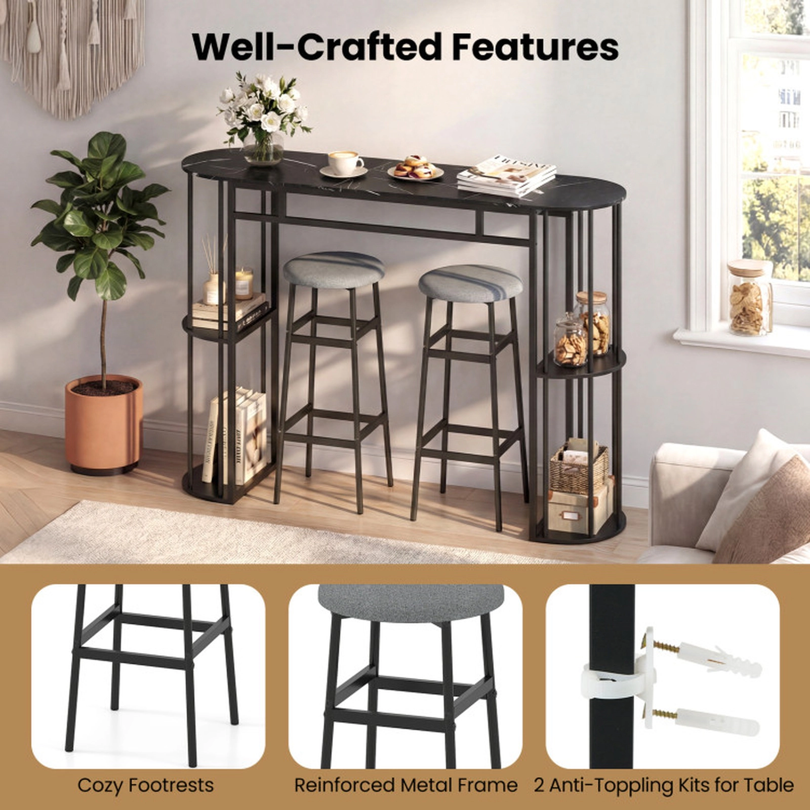 SUGIFT 60-in Dining Table and 2 Upholstered Barstools Set 135-lb Table 330-lb Stools Golden & White/Black & Gray