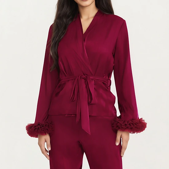 Anna-Kaci Women's 2-Piece Satin Wrap Long Sleeve Feather Trim Top and Straight Leg Pants