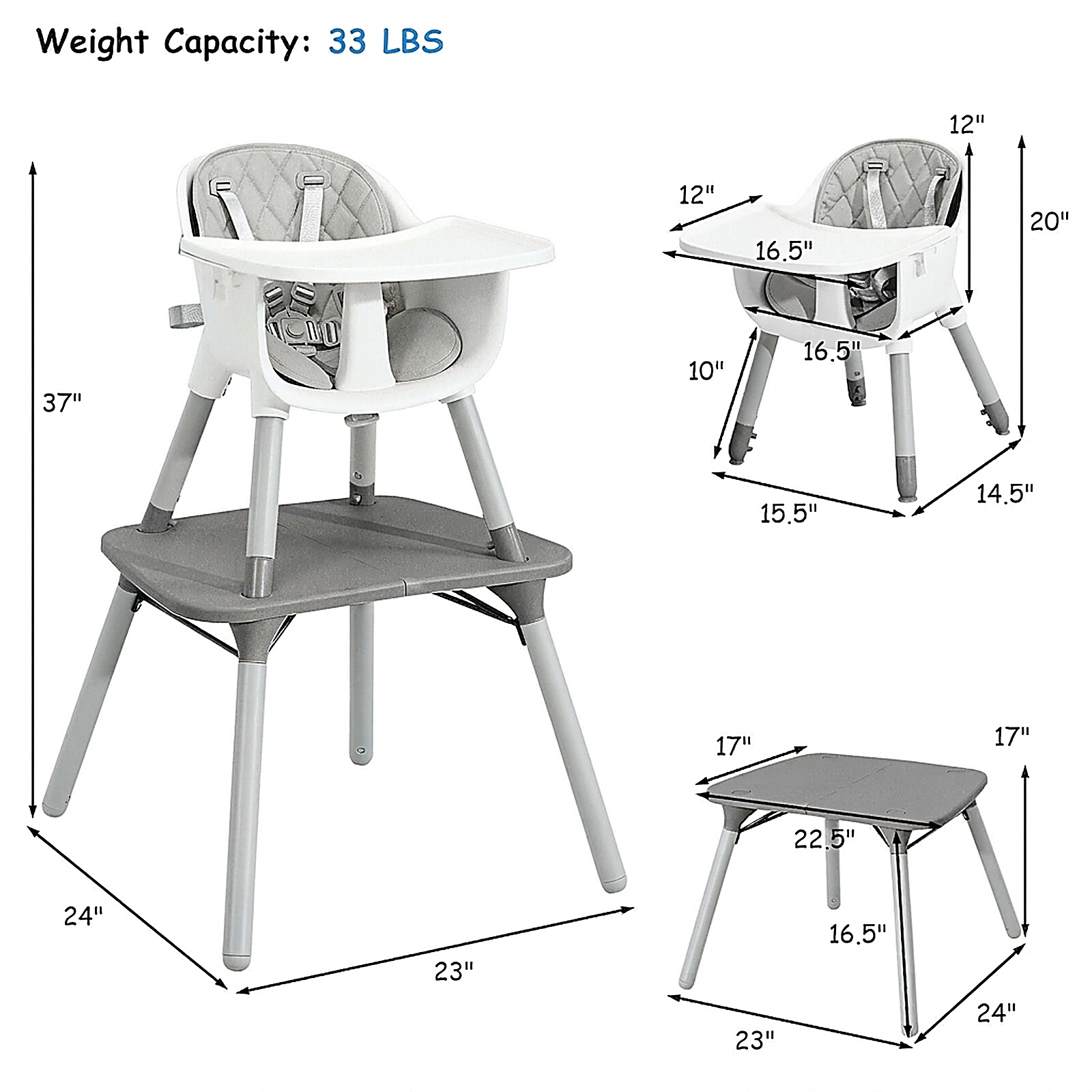SUGIFT Gray 4-in-1 Convertible Baby High Chair and Toddler Table Set with PU Cushion 37-in Tall 33-lb Seat