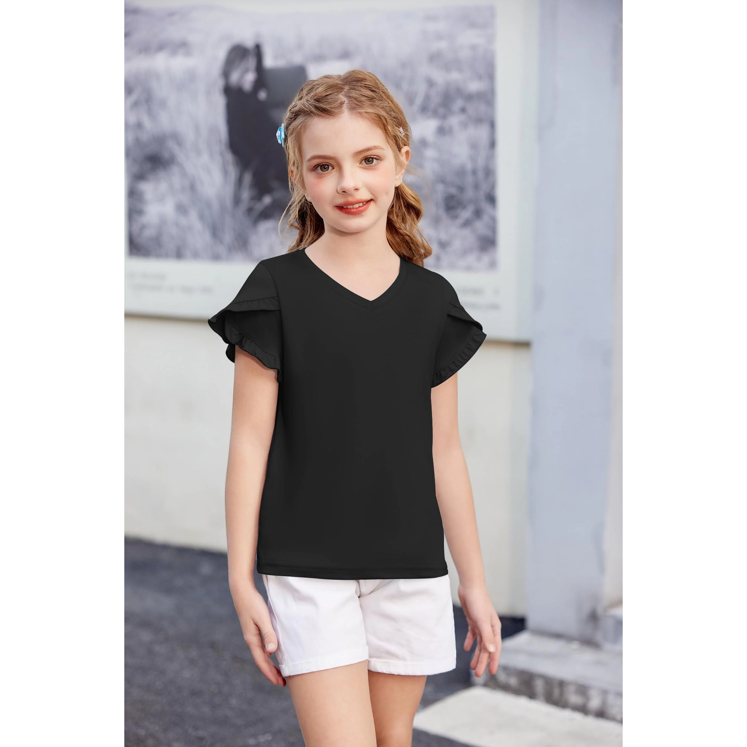 Arshiner Girl's Ruffle Sleeve V-Neck Short T-Shirt