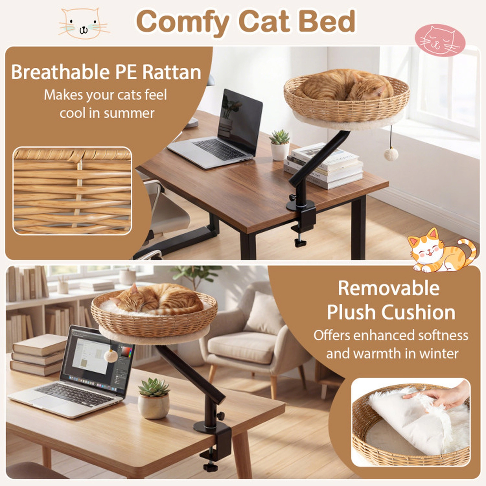 SUGIFT 16 x 19.5-in 22-lb Capacity Natural PE Rattan Cat Desk Bed with Removable Plush Cushion and Jingling Ball