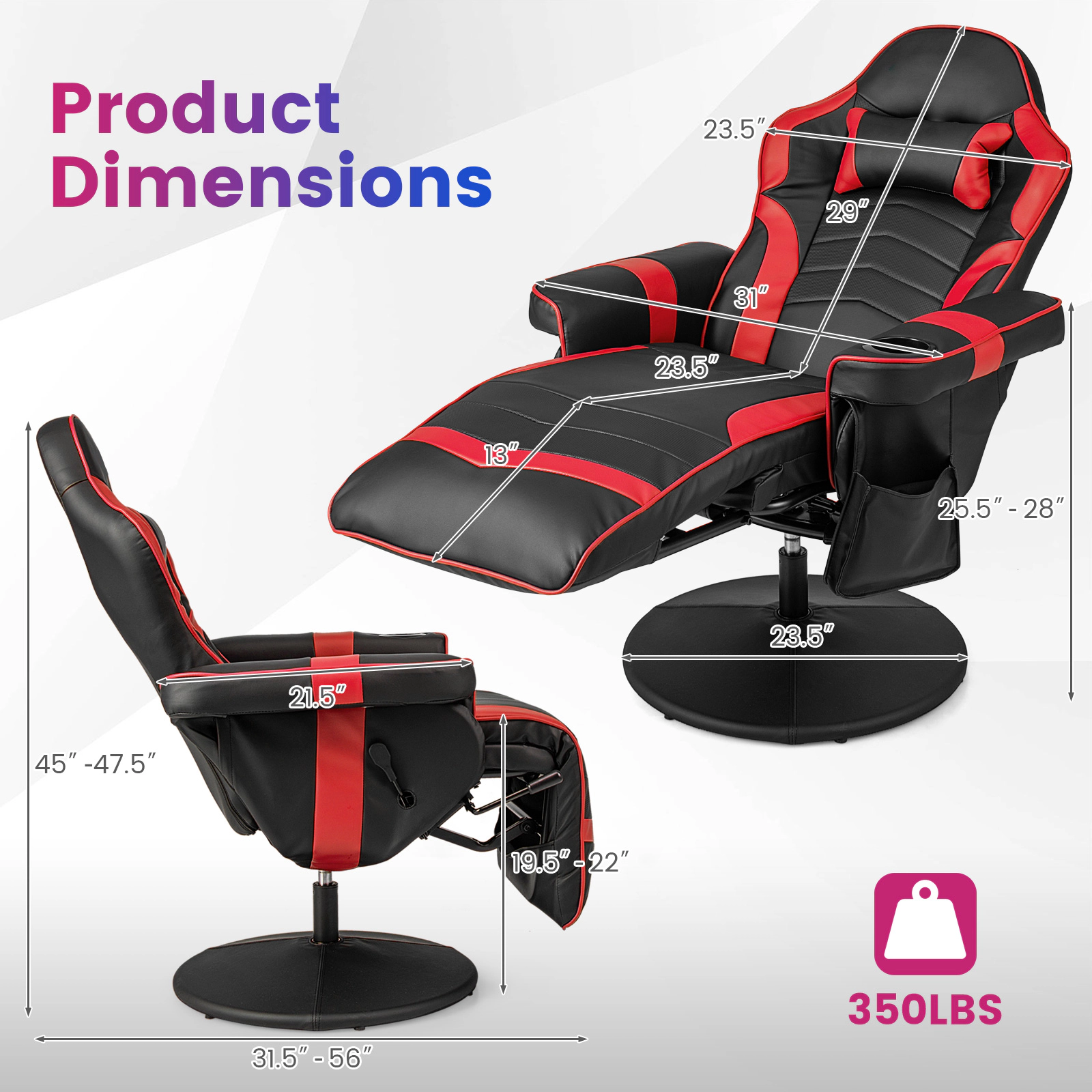 SUGIFT Massage Video Gaming Recliner Chair with Adjustable Height and Swivel Base 352-lb Capacity 31.5-in Wide Seat Red
