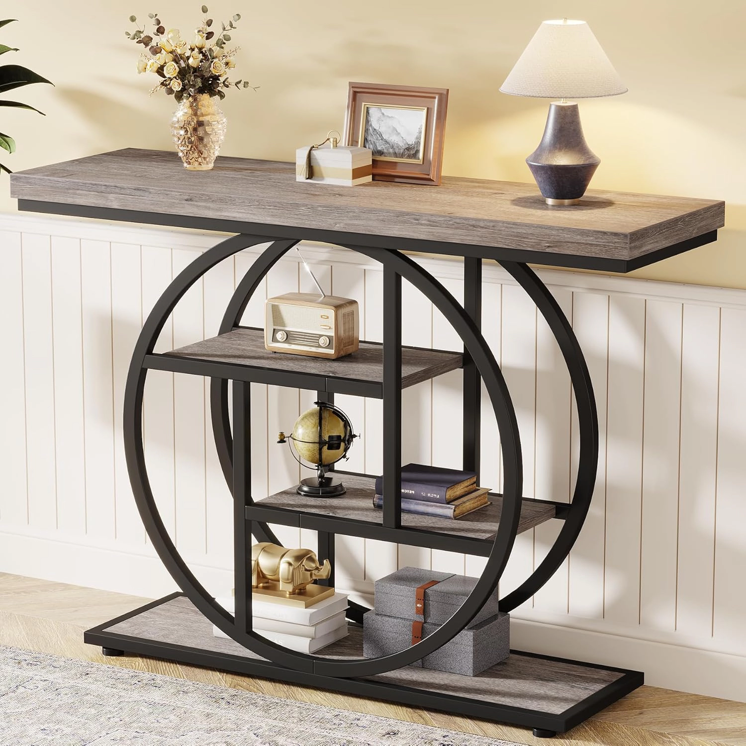 Tribesigns 41.3" Console Table, Industrial 4-Tier Sofa Entryway Table with Circle Base