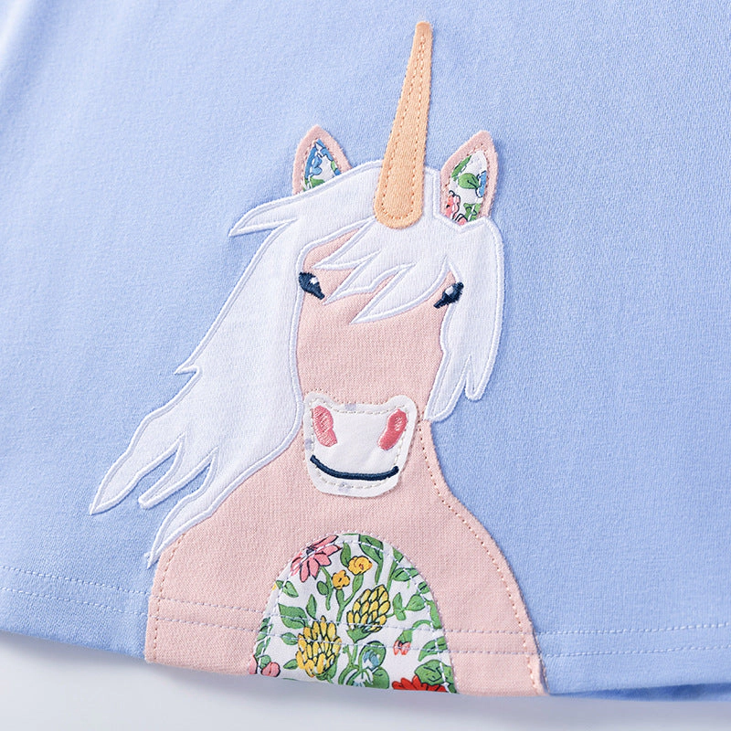 MyKids-USA Summer Arrival Unicorn Cartoon Pattern Short Sleeves Dress for Stylish Girls