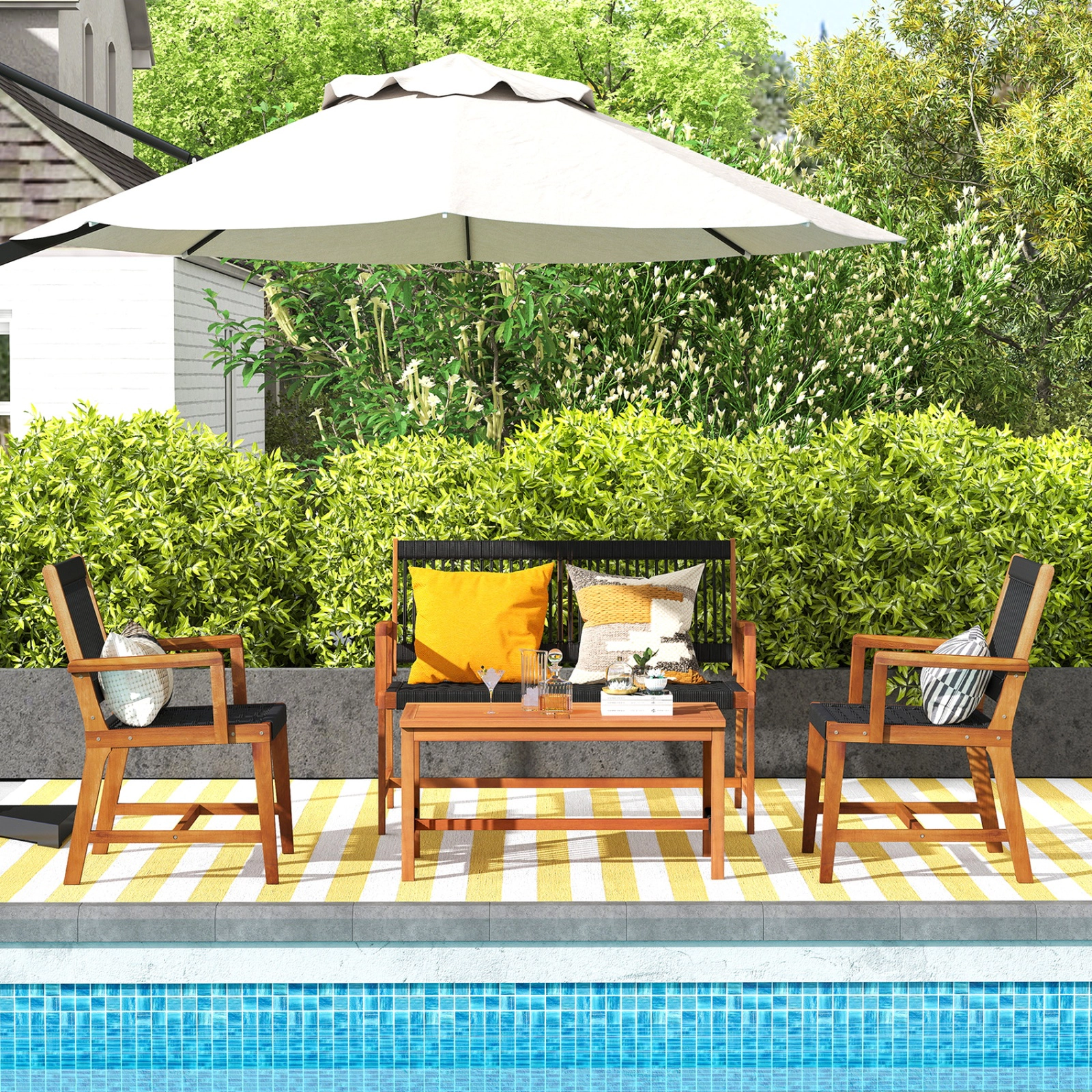 SUGIFT Natural Hand-Woven Rope Seats 4-Piece Acacia Wood Patio Conversation Set