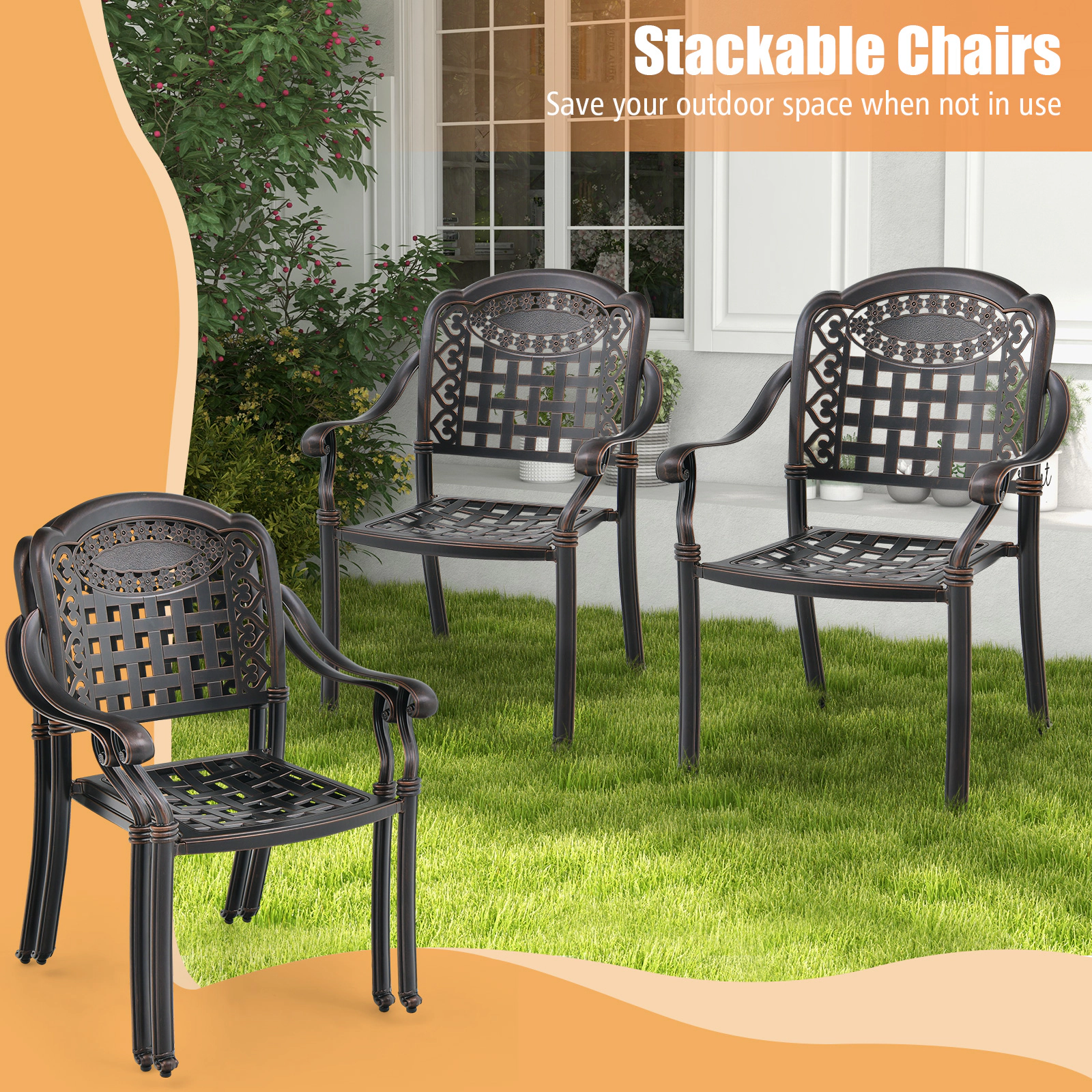 LJG Set of 2 Cast Aluminum Patio Chairs with Armrests
