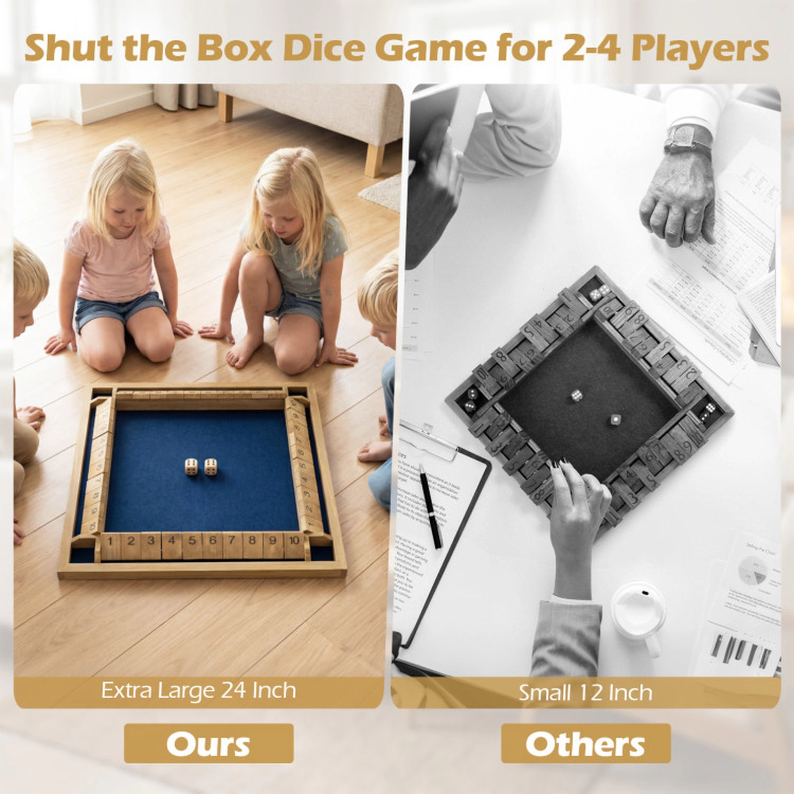 SUGIFT 24-in Extra-Large 4-Sided Wooden Shut The Box Dice Game with Silk-Screened Numbers and Felt Bed