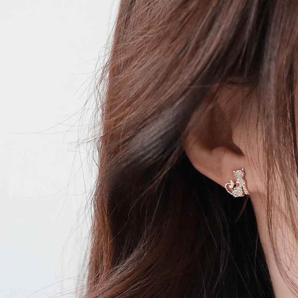 Wardrobe Whimsy Cat And Butterfly Stud Earrings Paved Cubic Zirconia Animal for Women