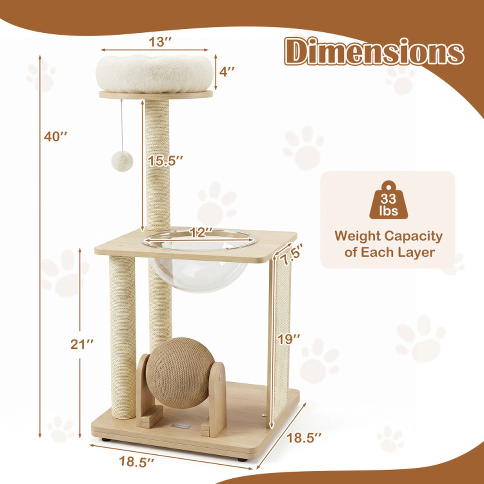 SUGIFT Natural Wood Cat Tree with Space Capsule and Scratching Ball 23.5-in W 21-in D 40-in H 33-lb Per Layer