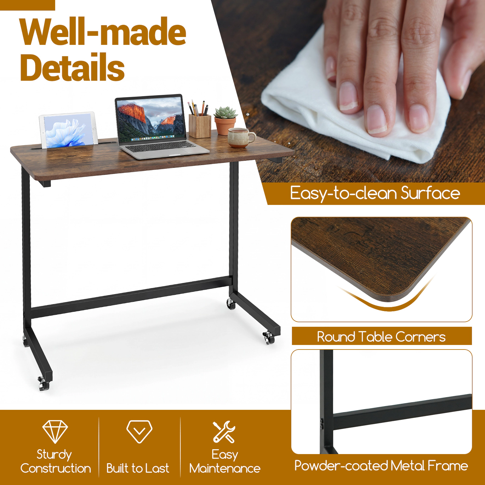 Glintex Rolling Laptop Desk Cart with Built-In Tablet Slot and Locking Casters, Rustic Brown