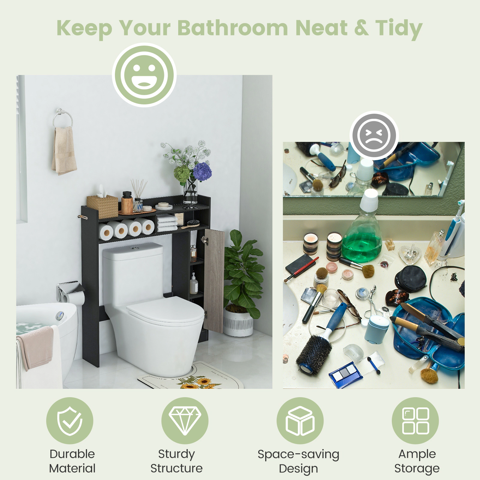 SUGIFT Over the Toilet Storage Organizer Black with Adjustable Bottom Bar and Cabinet