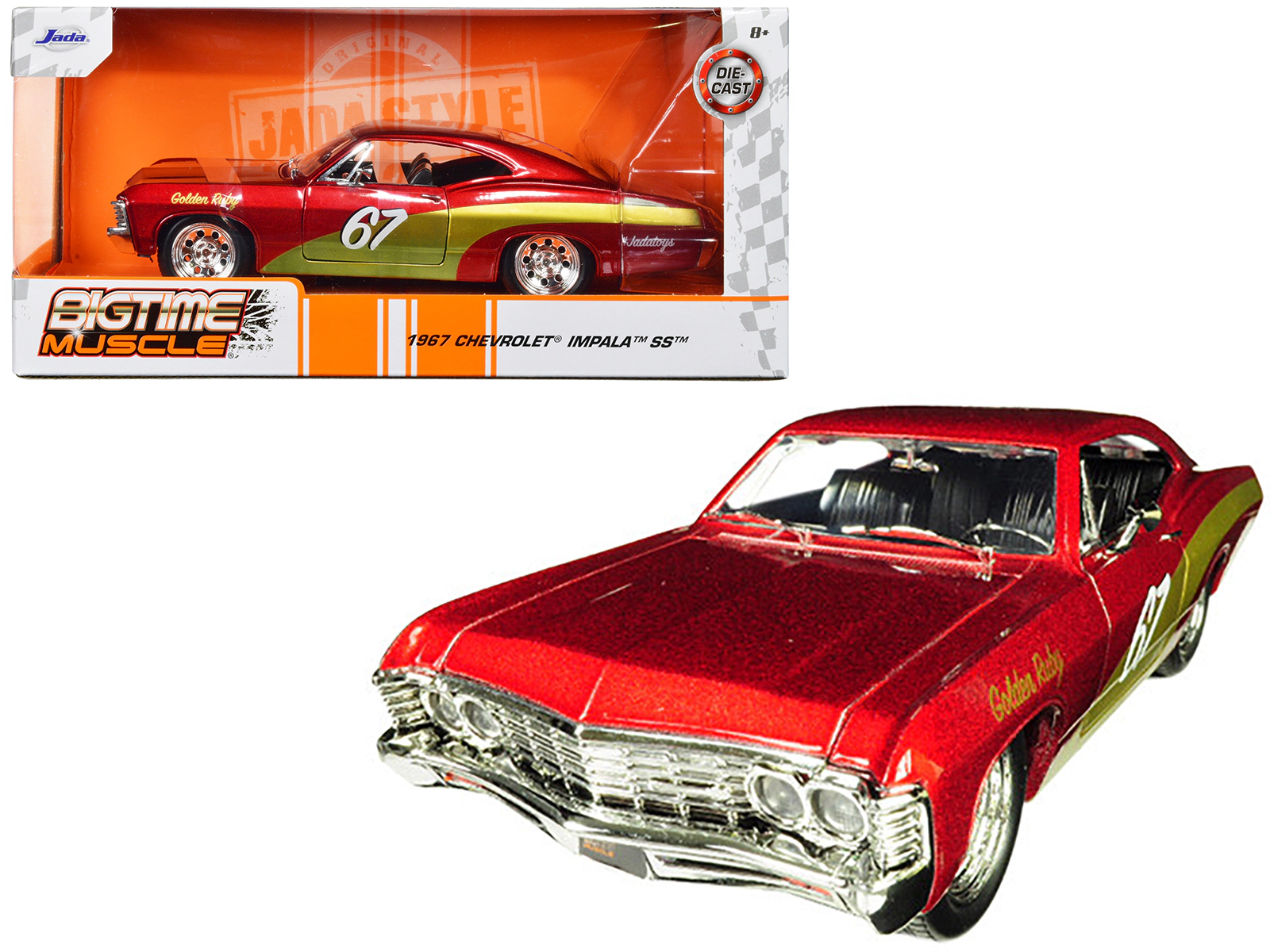 Jada 1967 Chevrolet Impala Ss #67 "Golden Ruby" Red With Gold Stripes "Bigtime Muscle" 1/24 Diecast Model Car