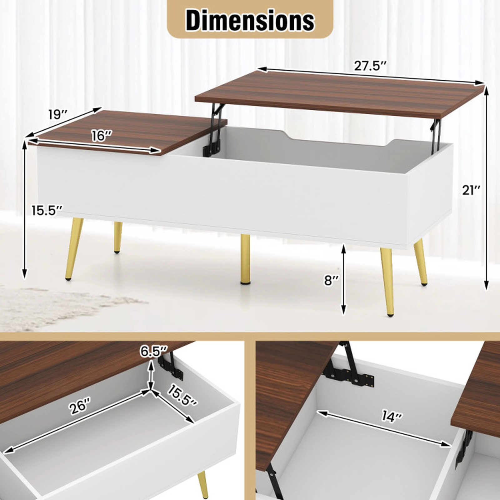 SUGIFT 47-in 132-lb Capacity Dual Pneumatic Lift Top Walnut Coffee Table with 2 Hidden Storage Compartments