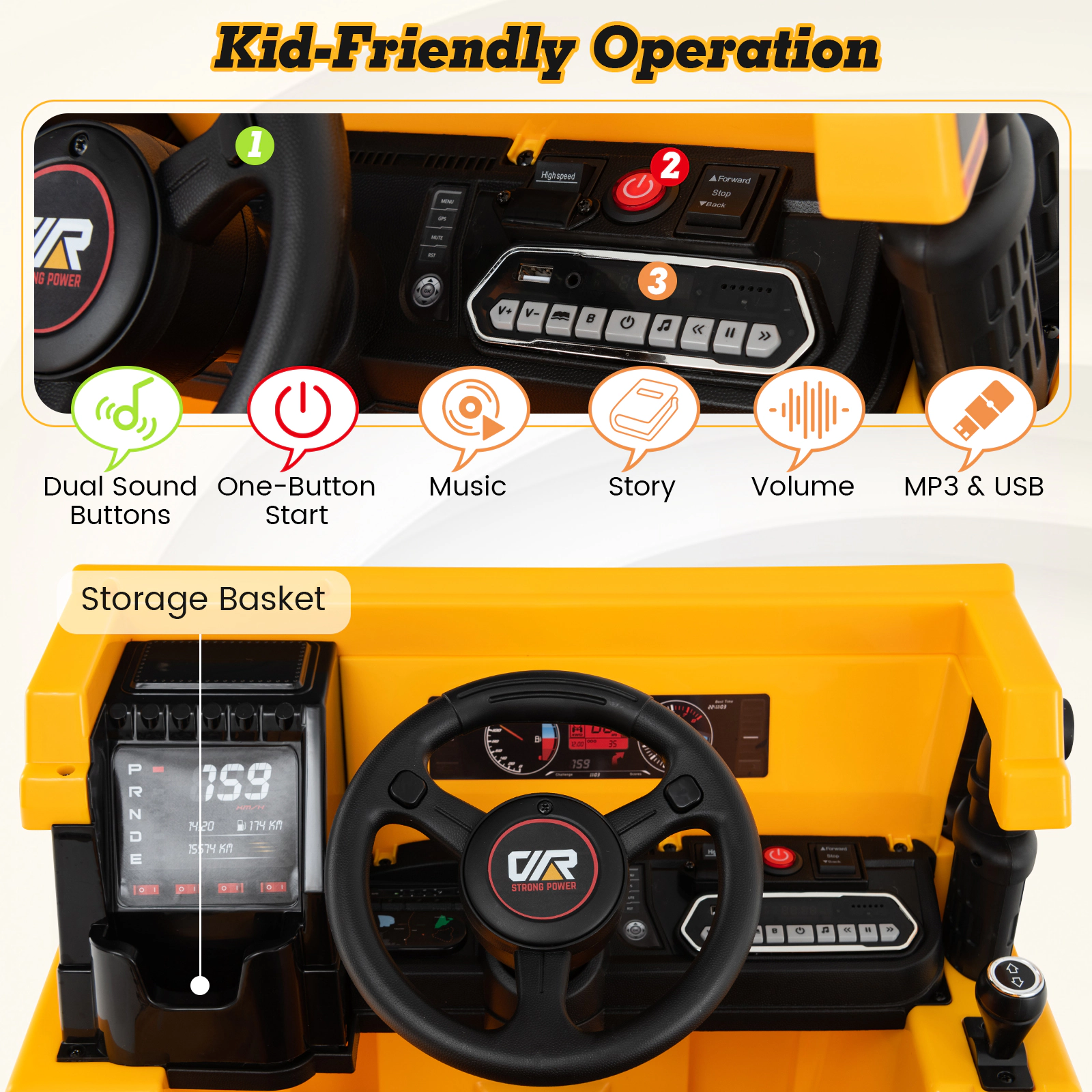 SUGIFT 12V Kids Ride On Dump Truck Car with Electric Dump Bed 66-lb Seat Capacity Ages 37-96 Months Green/Yellow