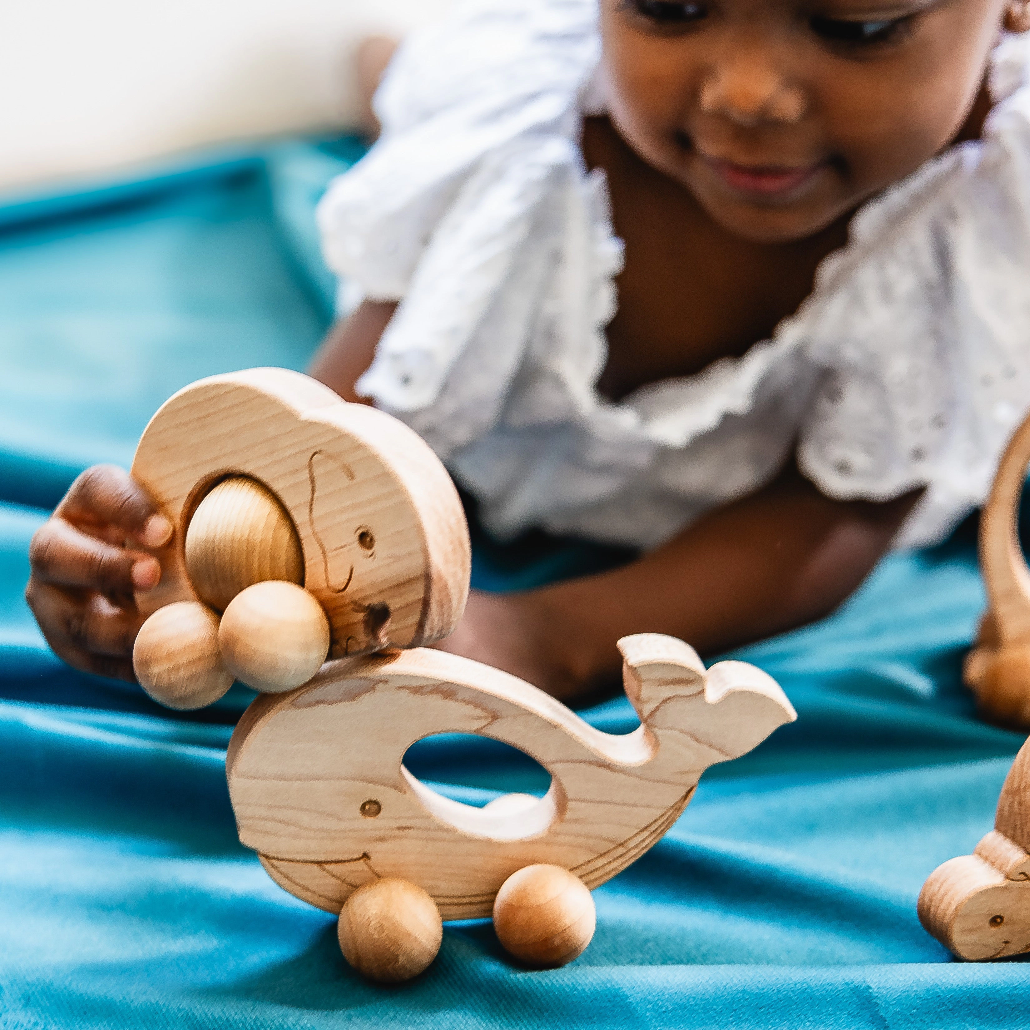 Easy-Grasp Whale Push Toy - Natural Wood Made in USA