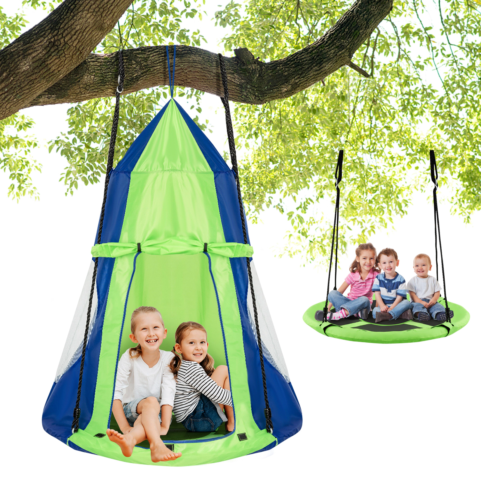 SUGIFT 2-in-1 Kids Hanging Chair Swing Tent Outdoor Play Set 330-lb Capacity 40-in Saucer Seat Green