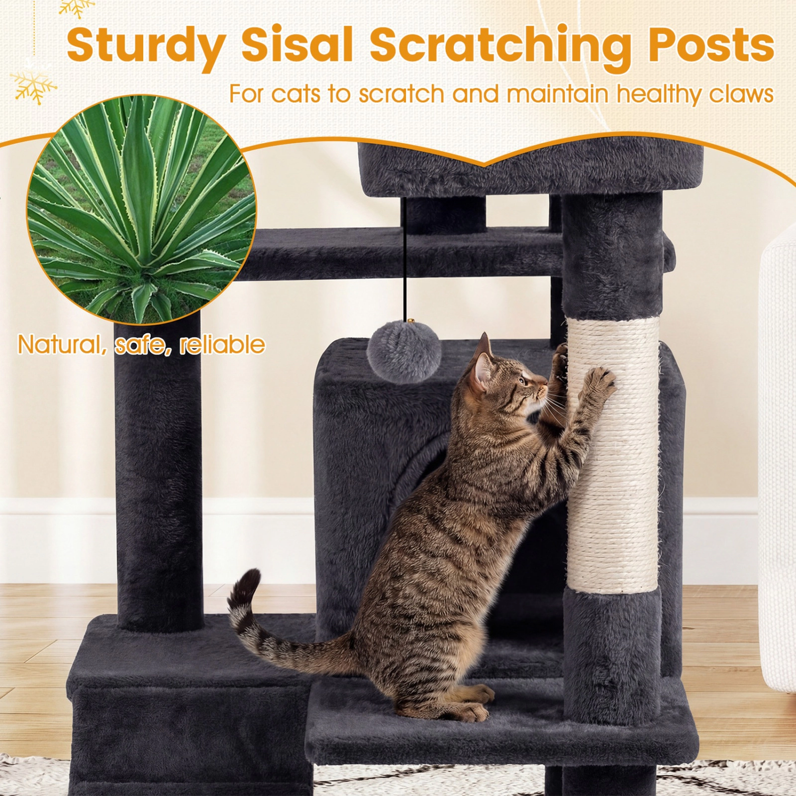 SUGIFT Multi-Level Cat Tree Tower for Indoor Cats Caves Perches Ladder & Sisal Posts 22-lb Capacity Per Layer Dark Gray