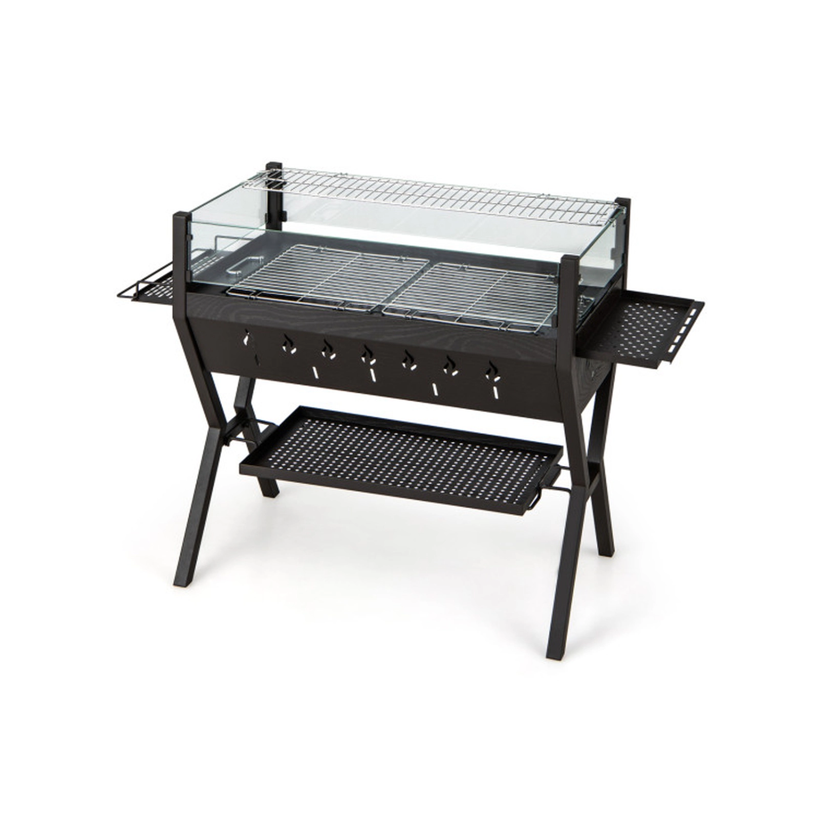 SUGIFT 3-in-1 Black Charcoal Grill with Glass Wind Guard and Seasoning Racks 38.5-in W 16.5-in D 27-in H