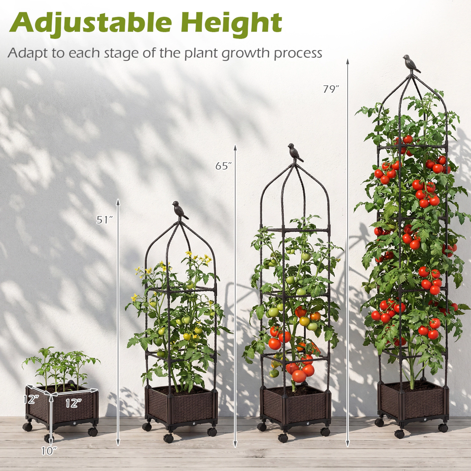 LJG Indoor Outdoor Raised Garden Bed with Trellis and Self-Drainage and Wheels