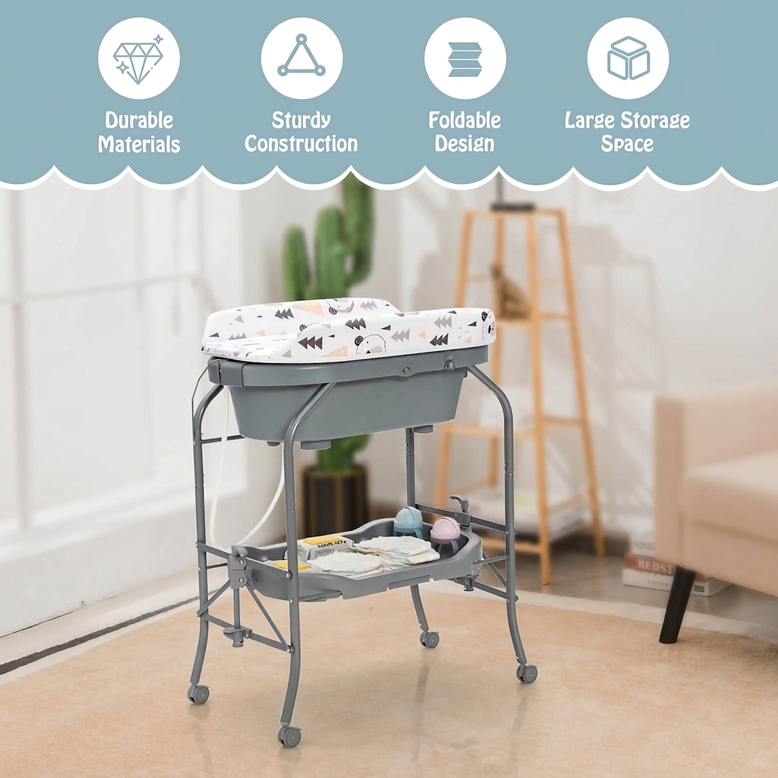 SUGIFT Portable Baby Changing Table with Storage Basket and Shelves 33-lb Bathtub Capacity Ages 0-12 Months Gray