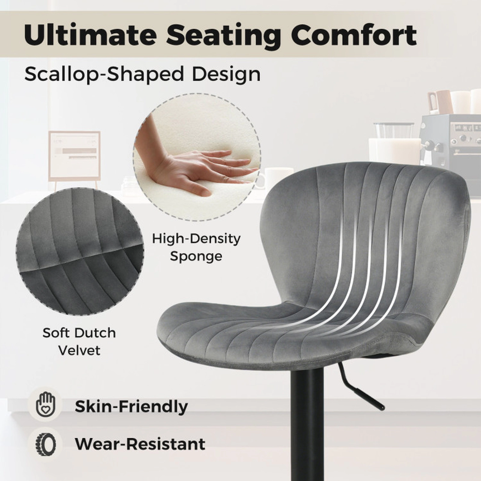 SUGIFT Set of 4 Gray Adjustable Velvet Swivel Bar Stools with Backrests and Footrests