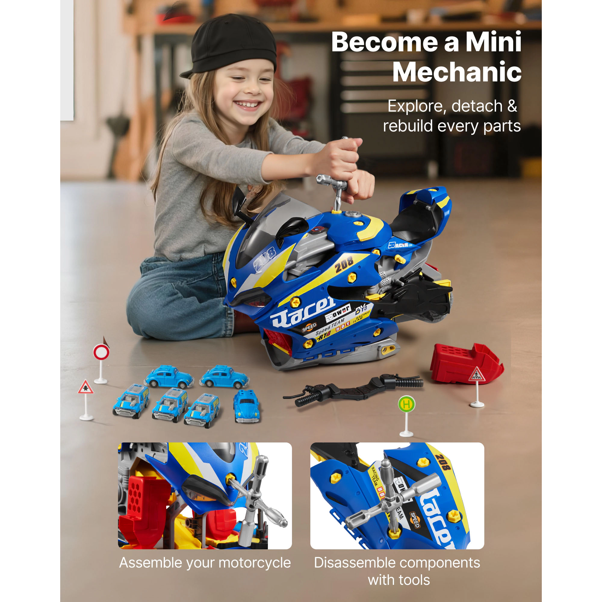 HONGGE Motorcycle Engine Toy 25 Pieces Mechanic with Removable Parts Lights & Sounds Simulated Riding
