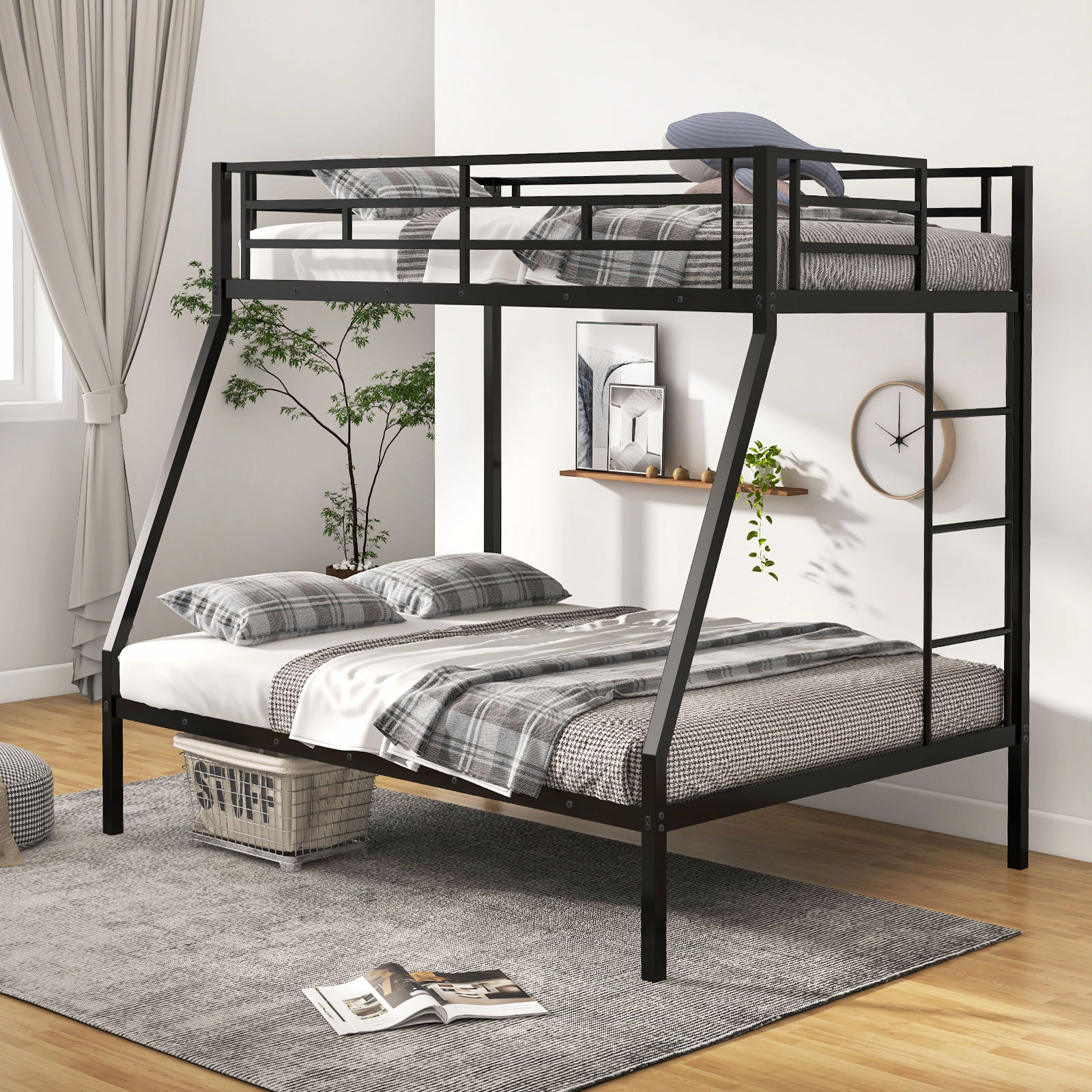 SUGIFT Space-Saving Twin-Over-Full Metal Slatted Bunk Bed Frame 440/660-Lb Capacity No Box Spring Needed Black/White